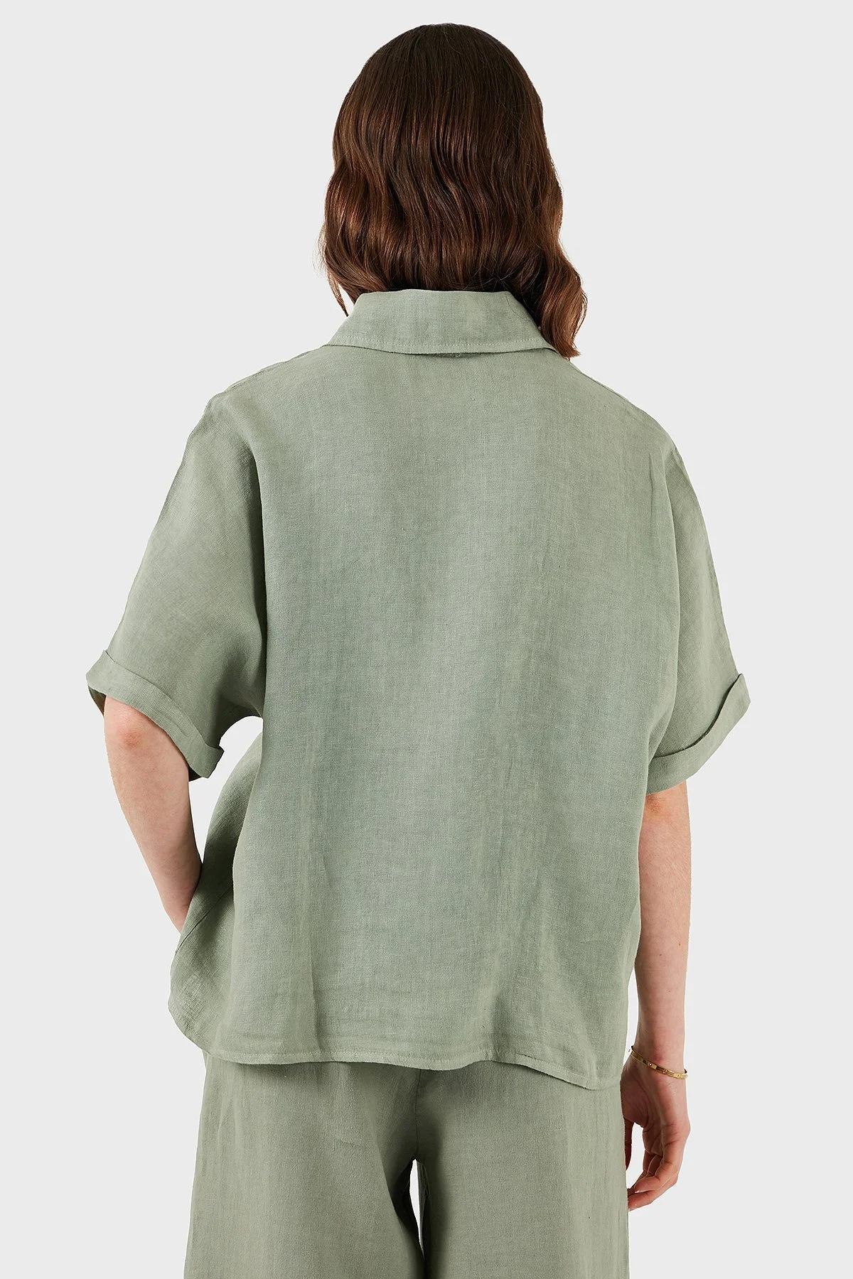 Via Dante Regular Fit Düz Yaka Kısa Kollu Keten Bayan Gömlek 5028544 HAKİ - 3