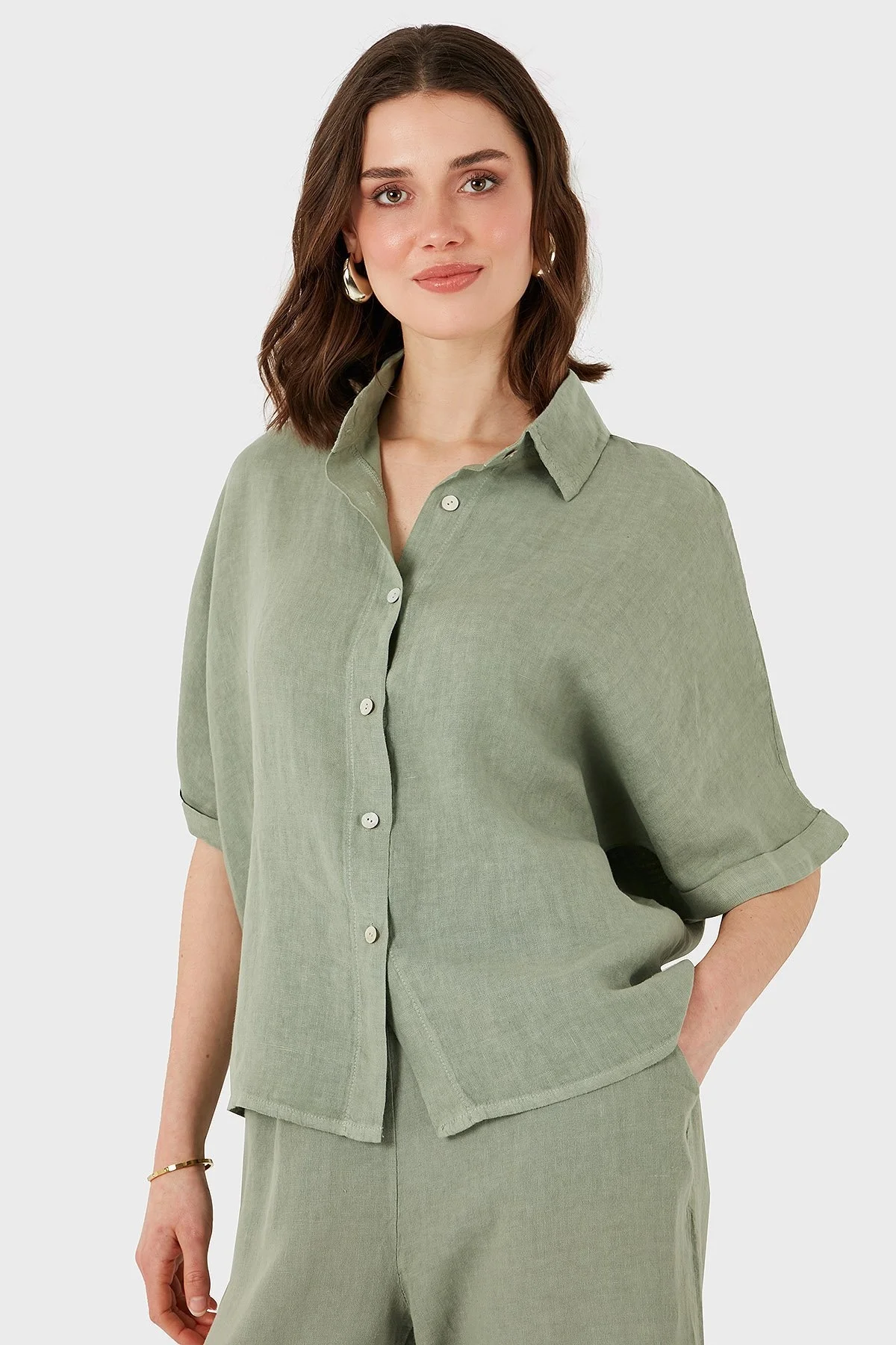 Via Dante Regular Fit Düz Yaka Kısa Kollu Keten Bayan Gömlek 5028544 HAKİ - 6