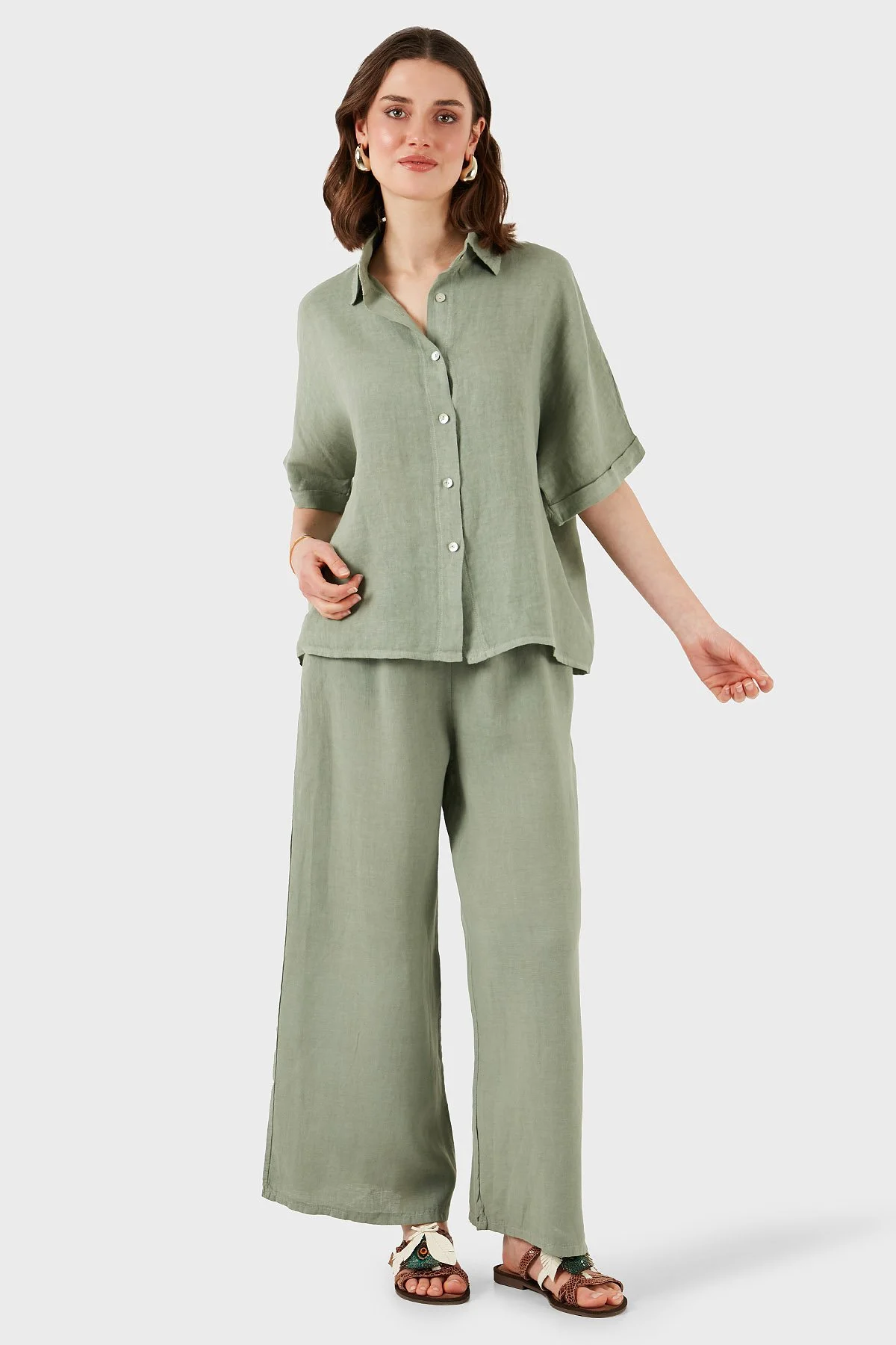 Via Dante Regular Fit Düz Yaka Kısa Kollu Keten Kadın Gömlek 5028544 HAKİ - 4