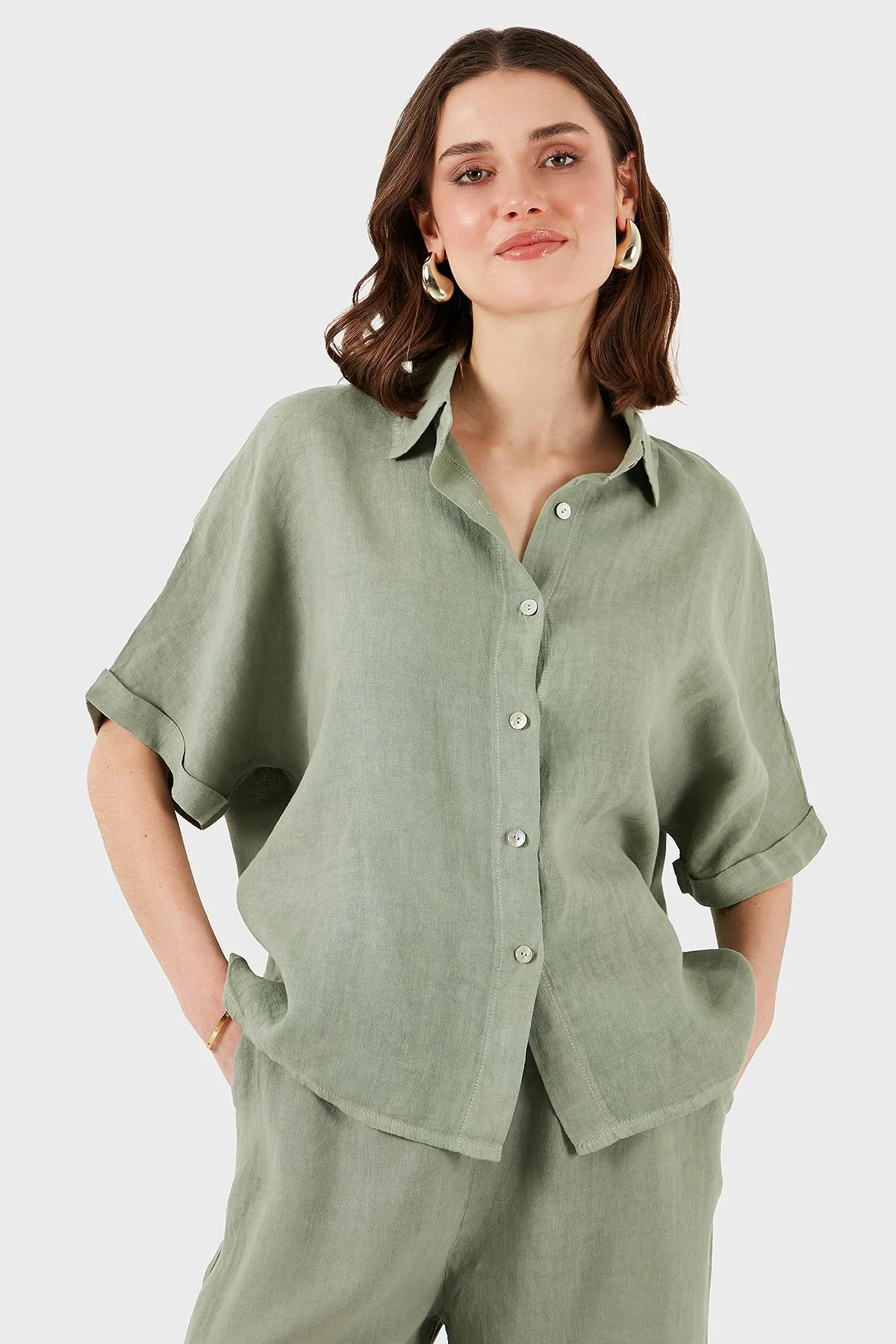 Via Dante Regular Fit Düz Yaka Kısa Kollu Keten Kadın Gömlek 5028544 HAKİ - 5