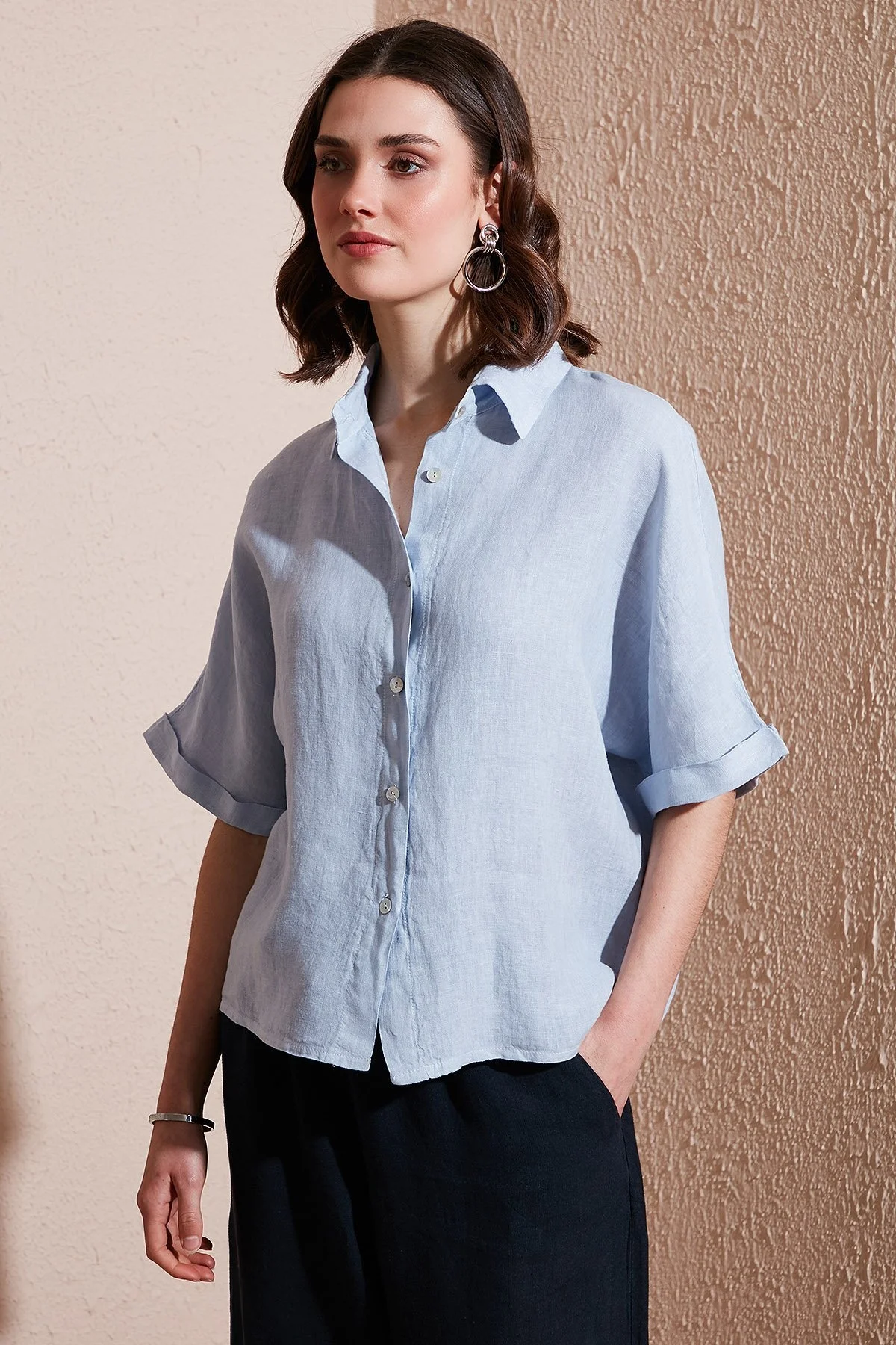 Via Dante Regular Fit Düz Yaka Kısa Kollu Keten Bayan Gömlek 5028690 AÇIK MAVİ - 6