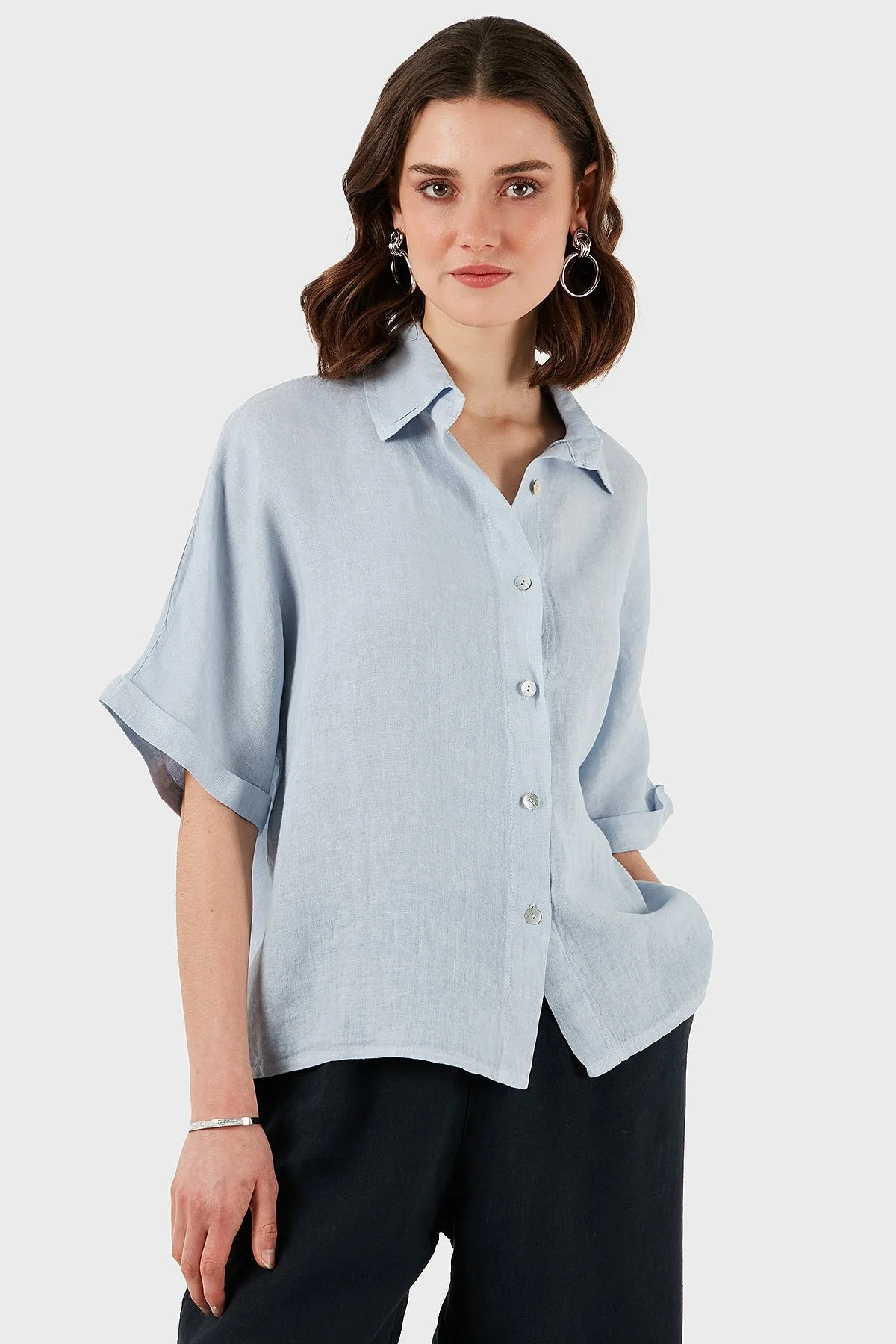Via Dante Regular Fit Düz Yaka Kısa Kollu Keten Bayan Gömlek 5028690 AÇIK MAVİ - 8