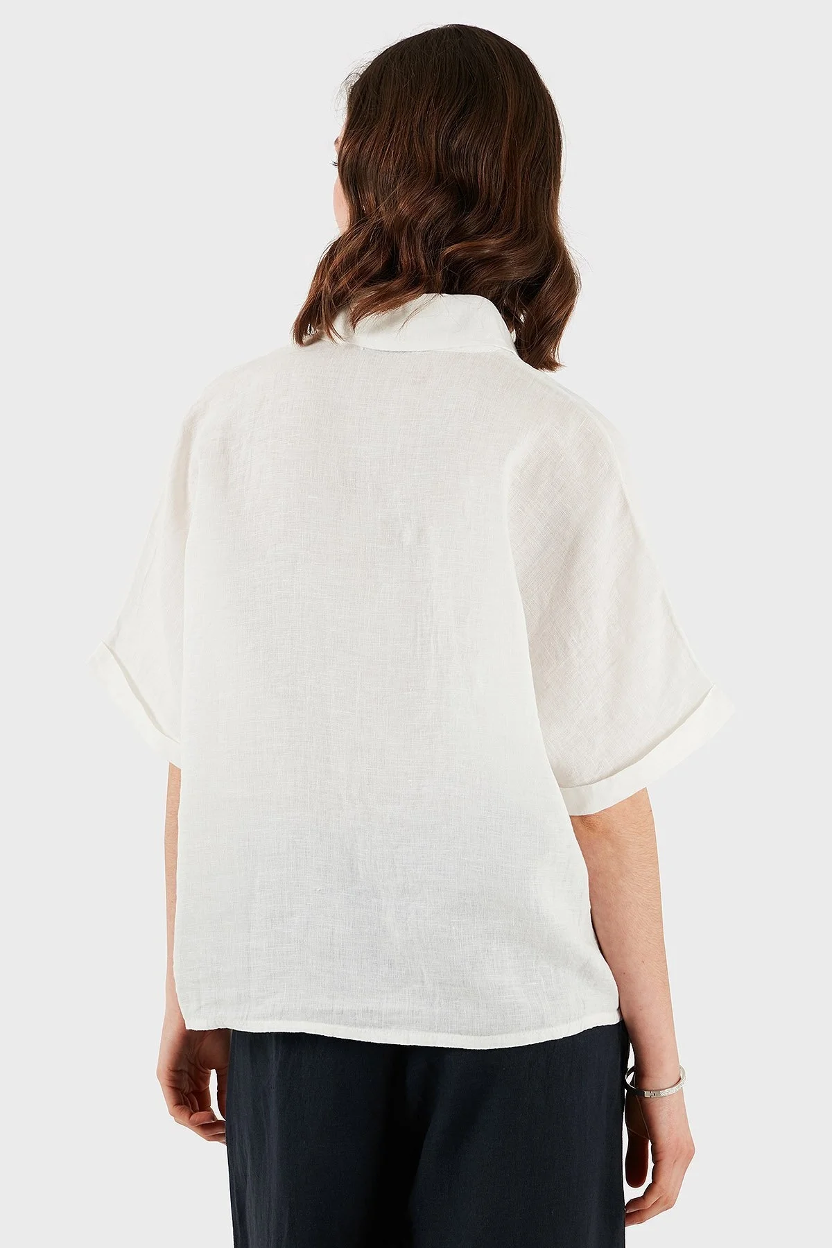 Via Dante Regular Fit Düz Yaka Kısa Kollu Keten Bayan Gömlek 5028714 EKRU - 3