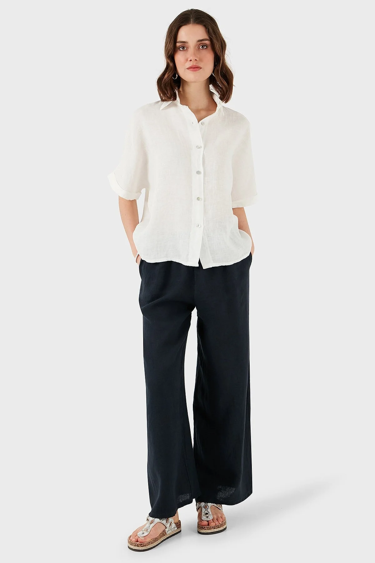 Via Dante Regular Fit Düz Yaka Kısa Kollu Keten Bayan Gömlek 5028714 EKRU - 4