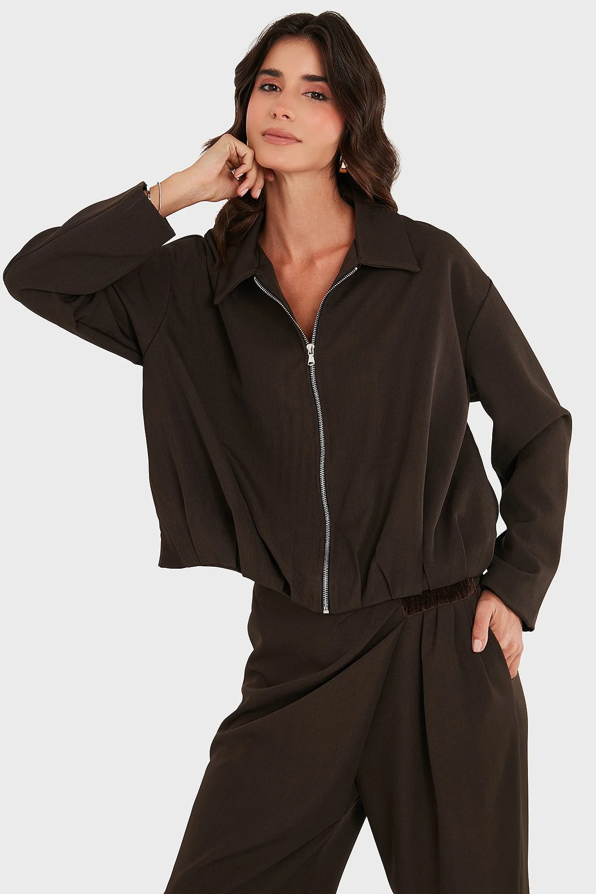 Via Dante Regular Fit Gömlek Yaka Fermuarlı Bayan Ceket 268755688 KAHVE - 5