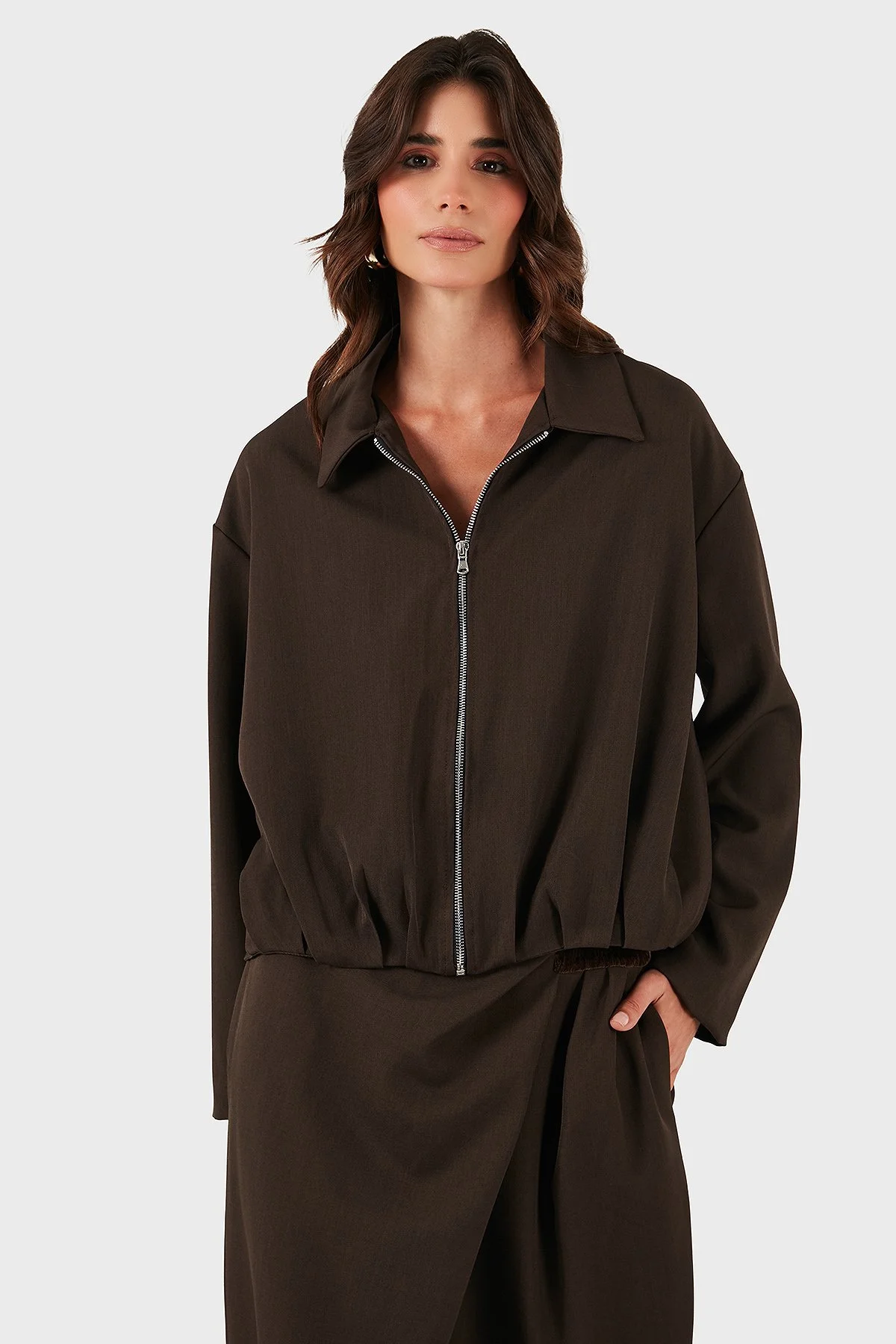 Via Dante Regular Fit Gömlek Yaka Fermuarlı Kadın Ceket 268755688 KAHVE - 4