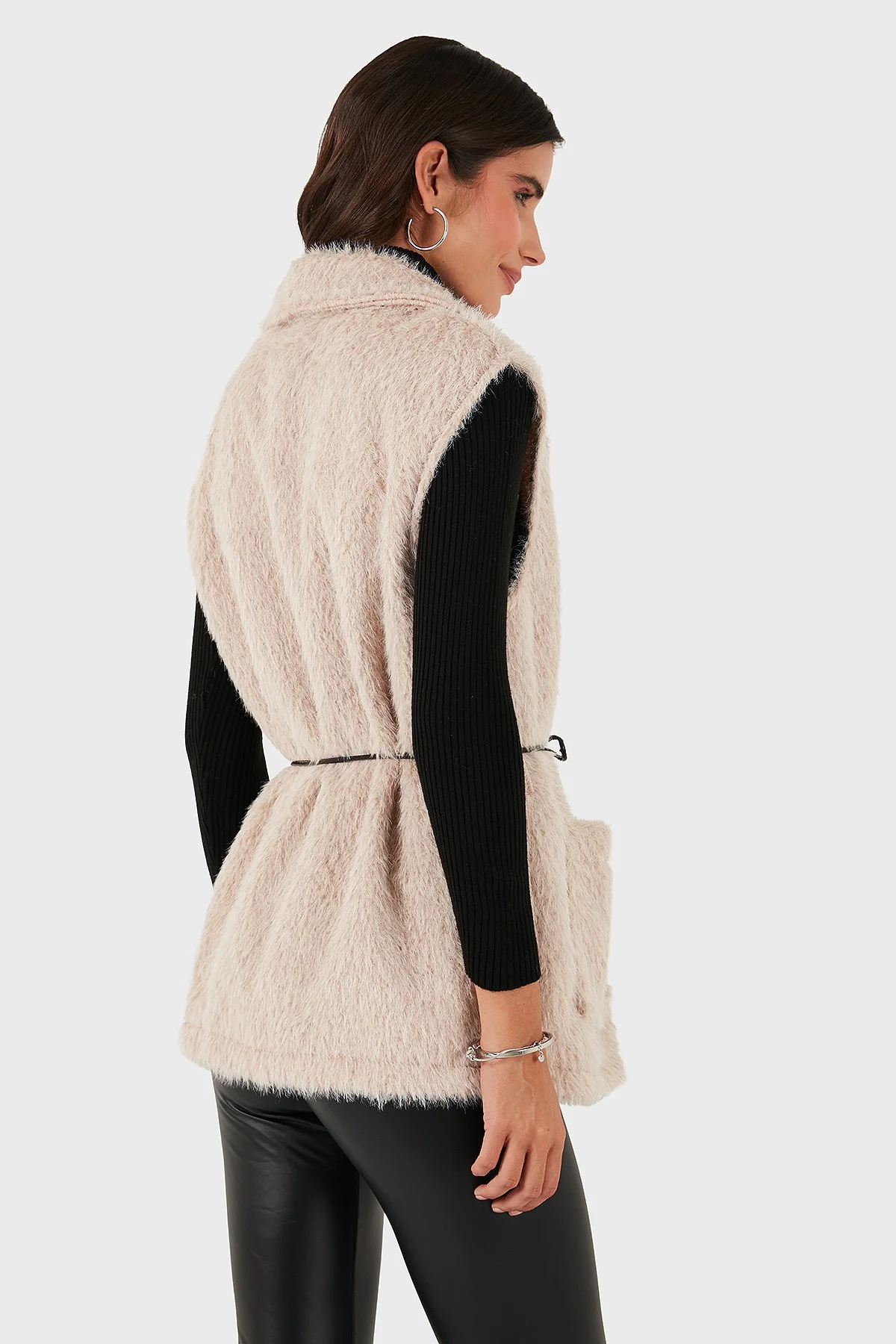 Via Dante Regular Fit Kruvaze Yaka Bağlama Detaylı Kürk Bayan Yelek 68821807 BEJ - 3