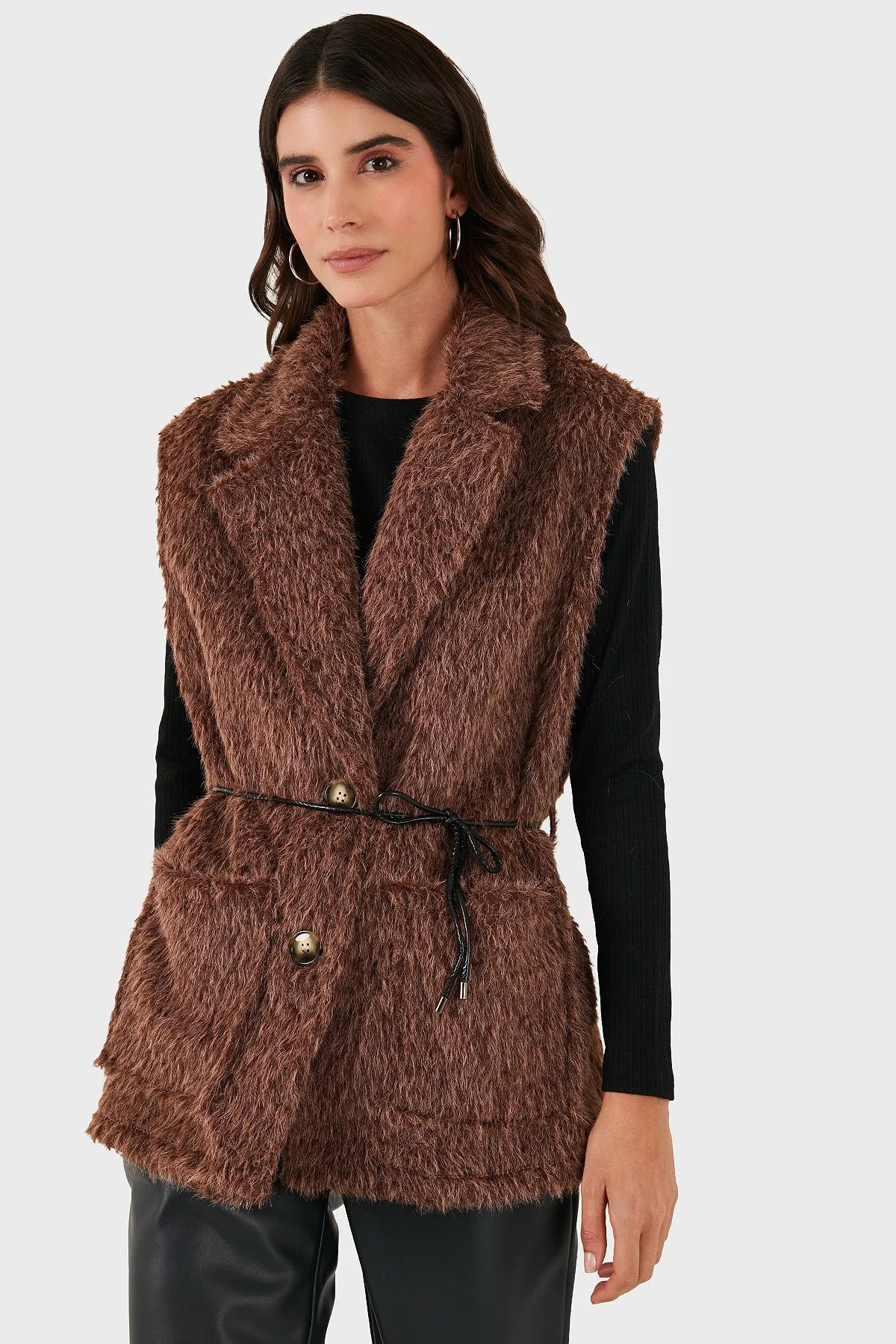 Via Dante Regular Fit Kruvaze Yaka Bağlama Detaylı Kürk Bayan Yelek 68821807 KAHVE - 1