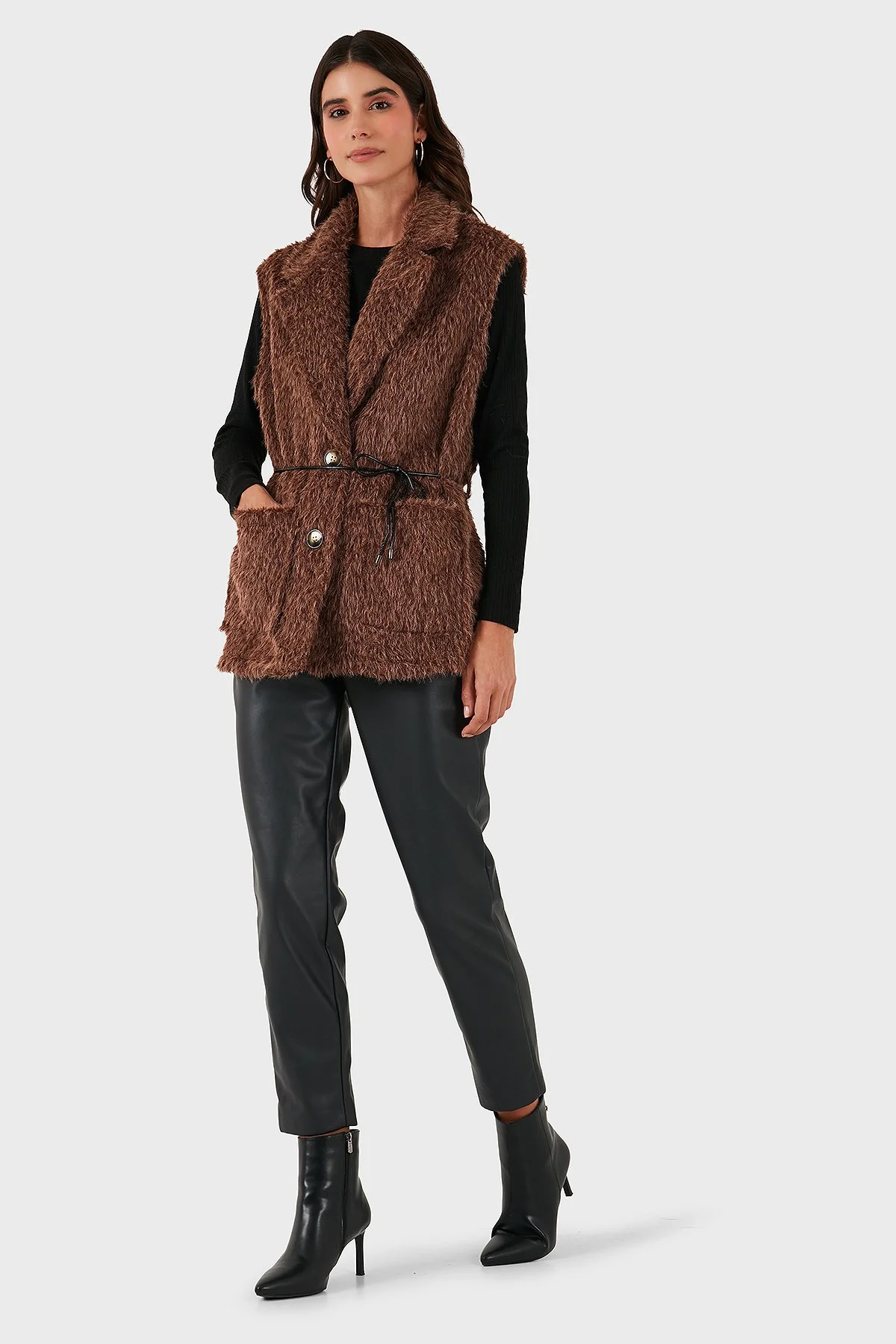 Via Dante Regular Fit Kruvaze Yaka Bağlama Detaylı Kürk Bayan Yelek 68821807 KAHVE - 2