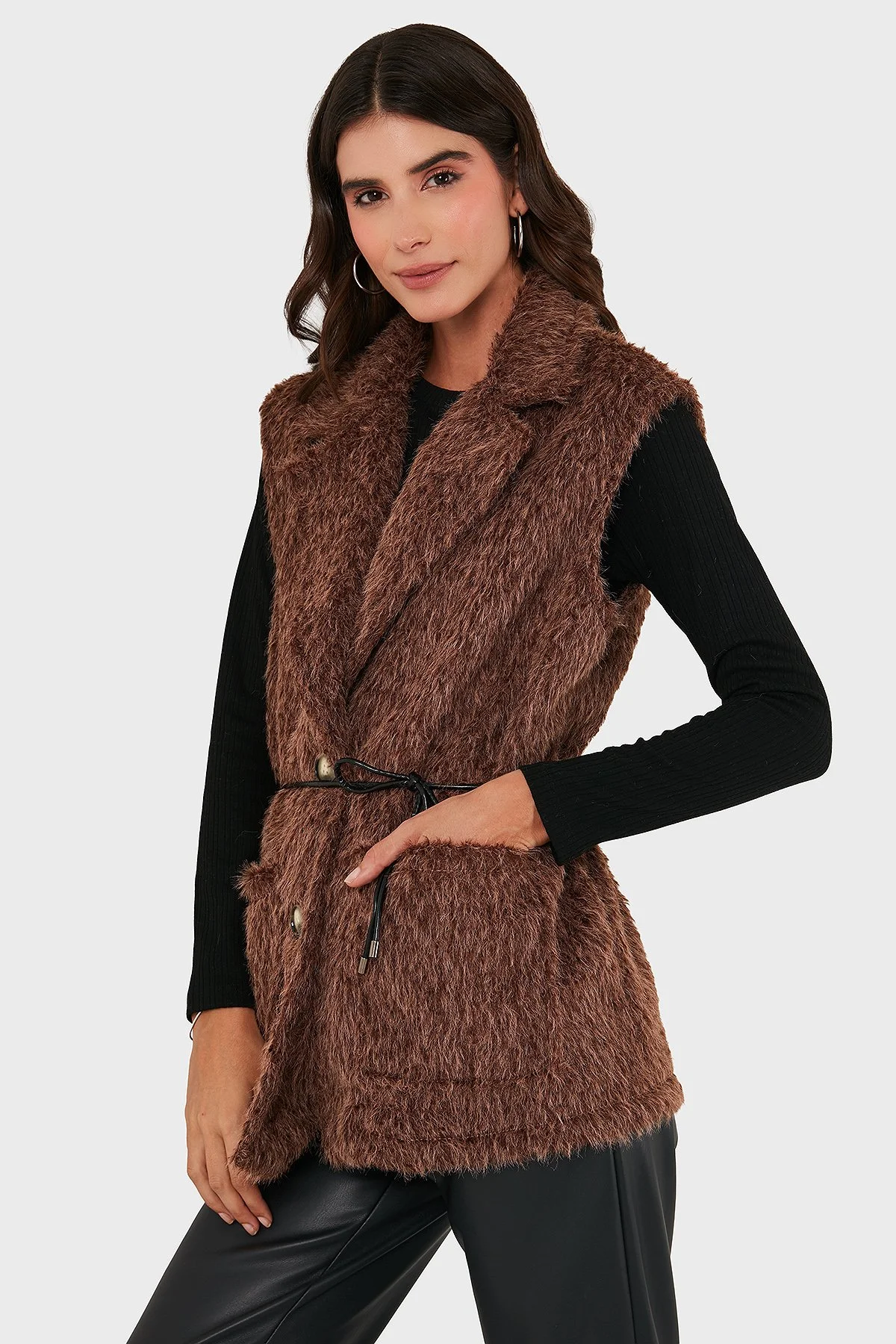 Via Dante Regular Fit Kruvaze Yaka Bağlama Detaylı Kürk Bayan Yelek 68821807 KAHVE - 4