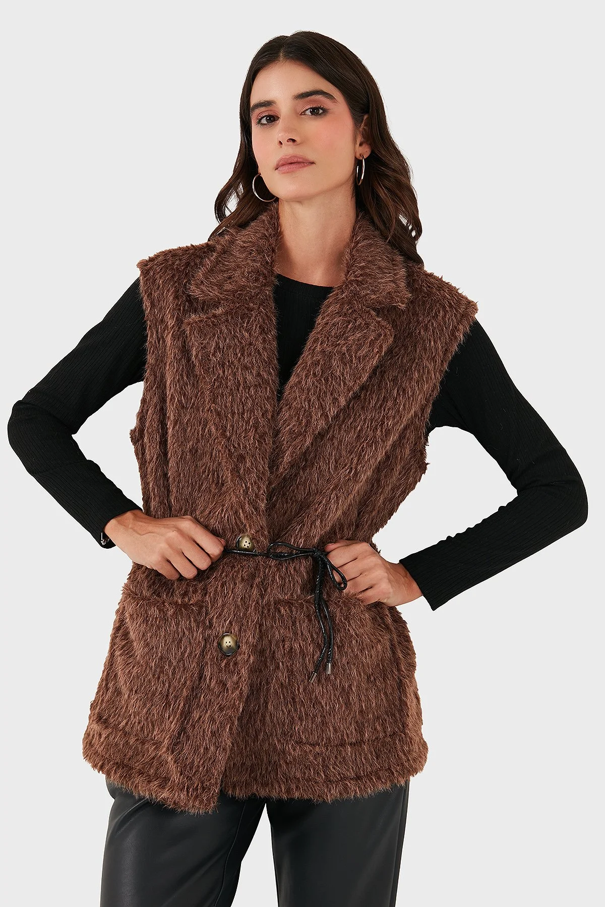 Via Dante Regular Fit Kruvaze Yaka Bağlama Detaylı Kürk Bayan Yelek 68821807 KAHVE - 5