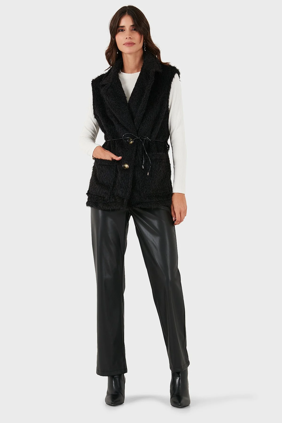 Via Dante Regular Fit Kruvaze Yaka Bağlama Detaylı Kürk Bayan Yelek 68821807 SİYAH - 2