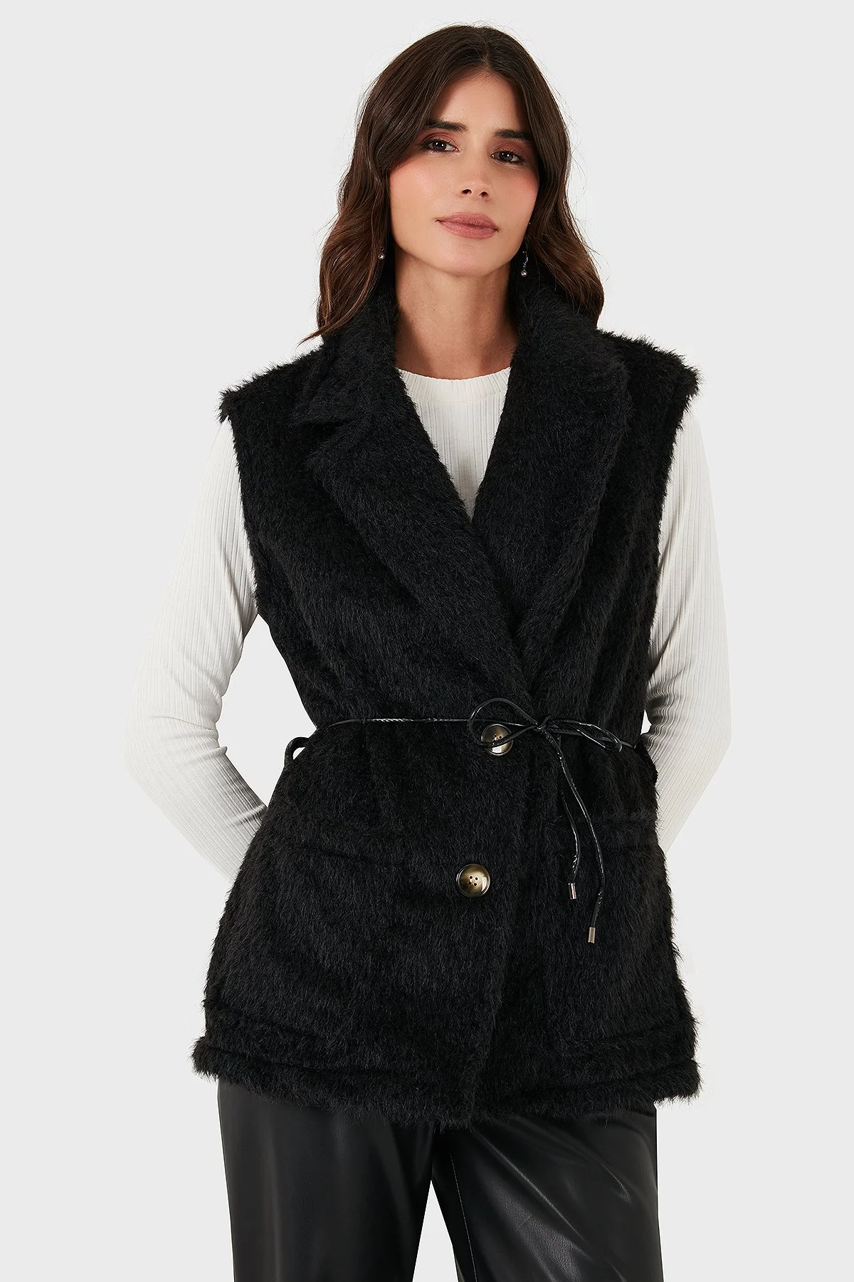 Via Dante Regular Fit Kruvaze Yaka Bağlama Detaylı Kürk Bayan Yelek 68821807 SİYAH - 4