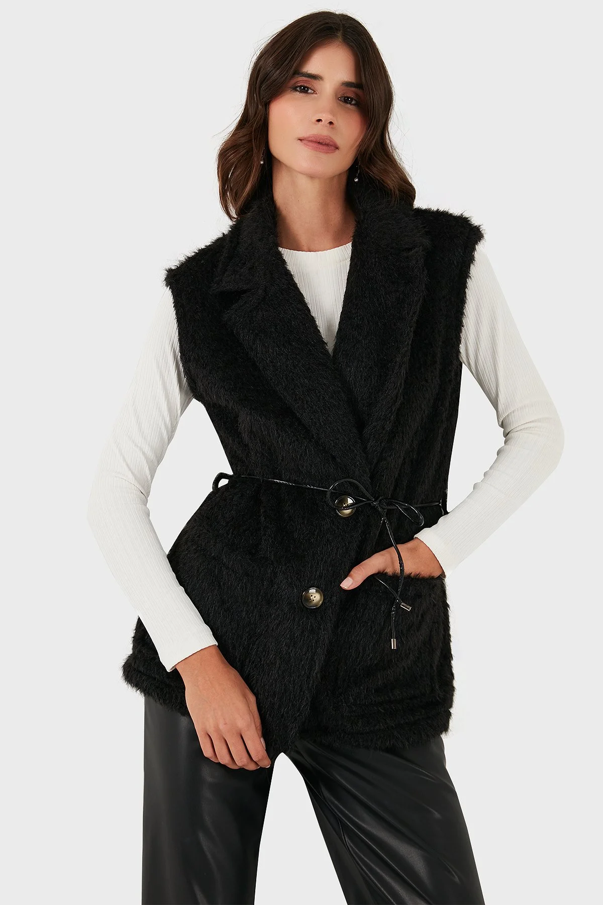 Via Dante Regular Fit Kruvaze Yaka Bağlama Detaylı Kürk Bayan Yelek 68821807 SİYAH - 5