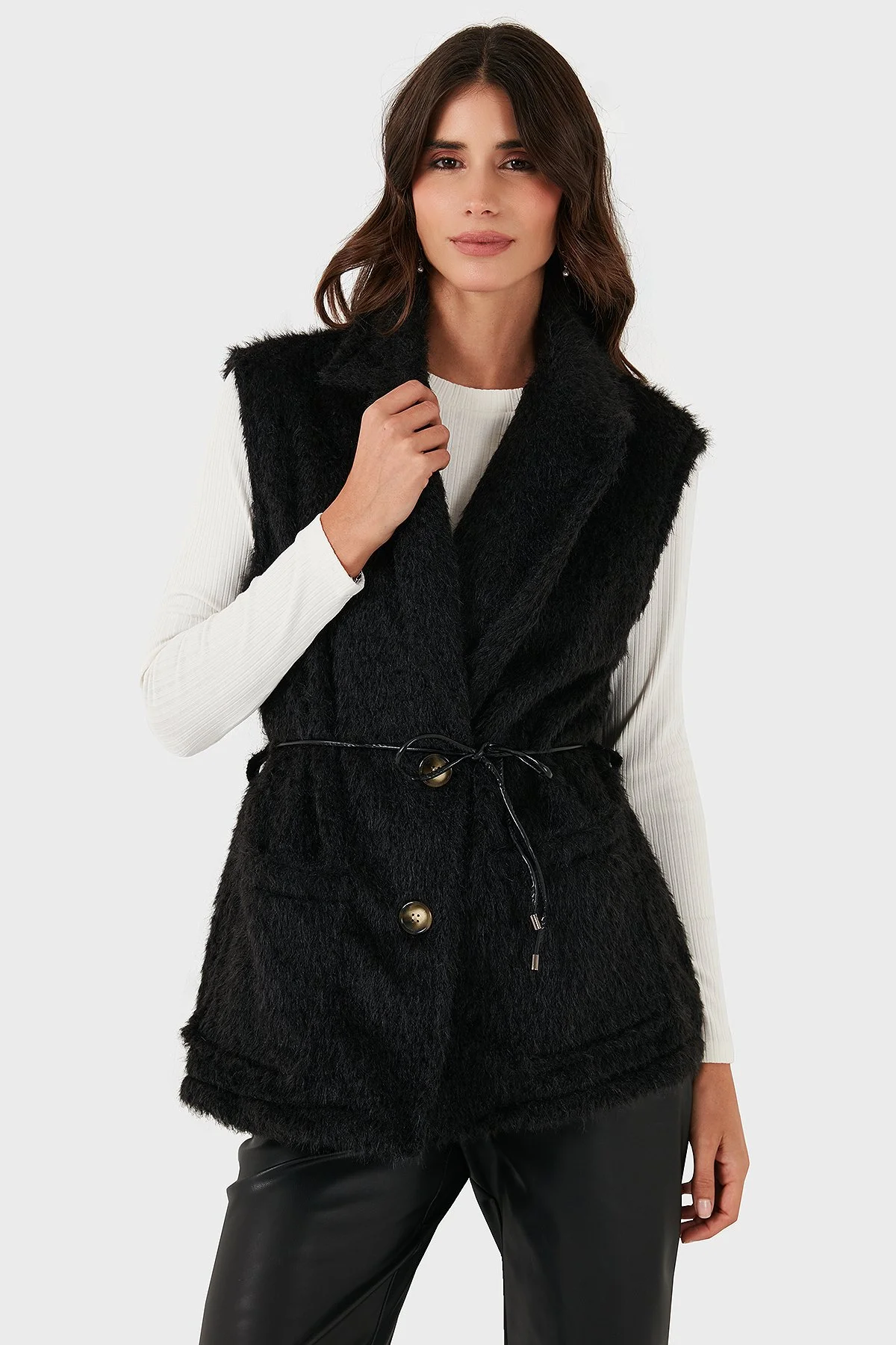 Via Dante Regular Fit Kruvaze Yaka Bağlama Detaylı Kürk Bayan Yelek 68821807 SİYAH - 6