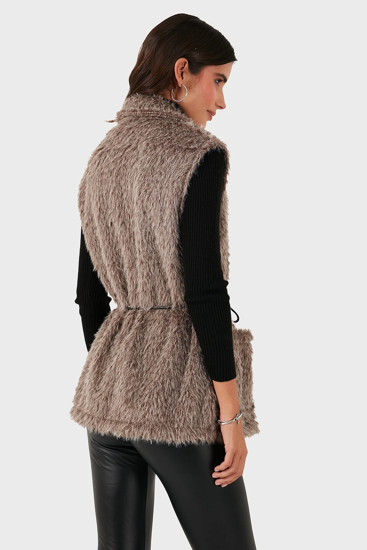 Via Dante Regular Fit Kruvaze Yaka Bağlama Detaylı Kürk Bayan Yelek 68821807 VİZON - 3