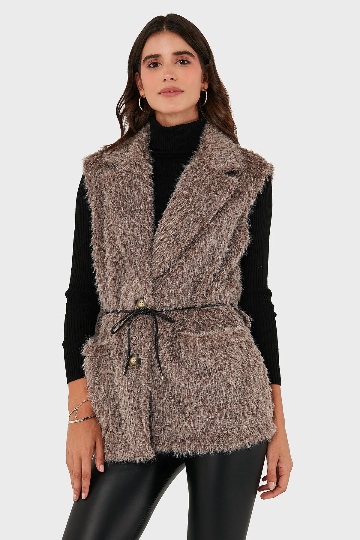 Via Dante Regular Fit Kruvaze Yaka Bağlama Detaylı Kürk Bayan Yelek 68821807 VİZON - 5