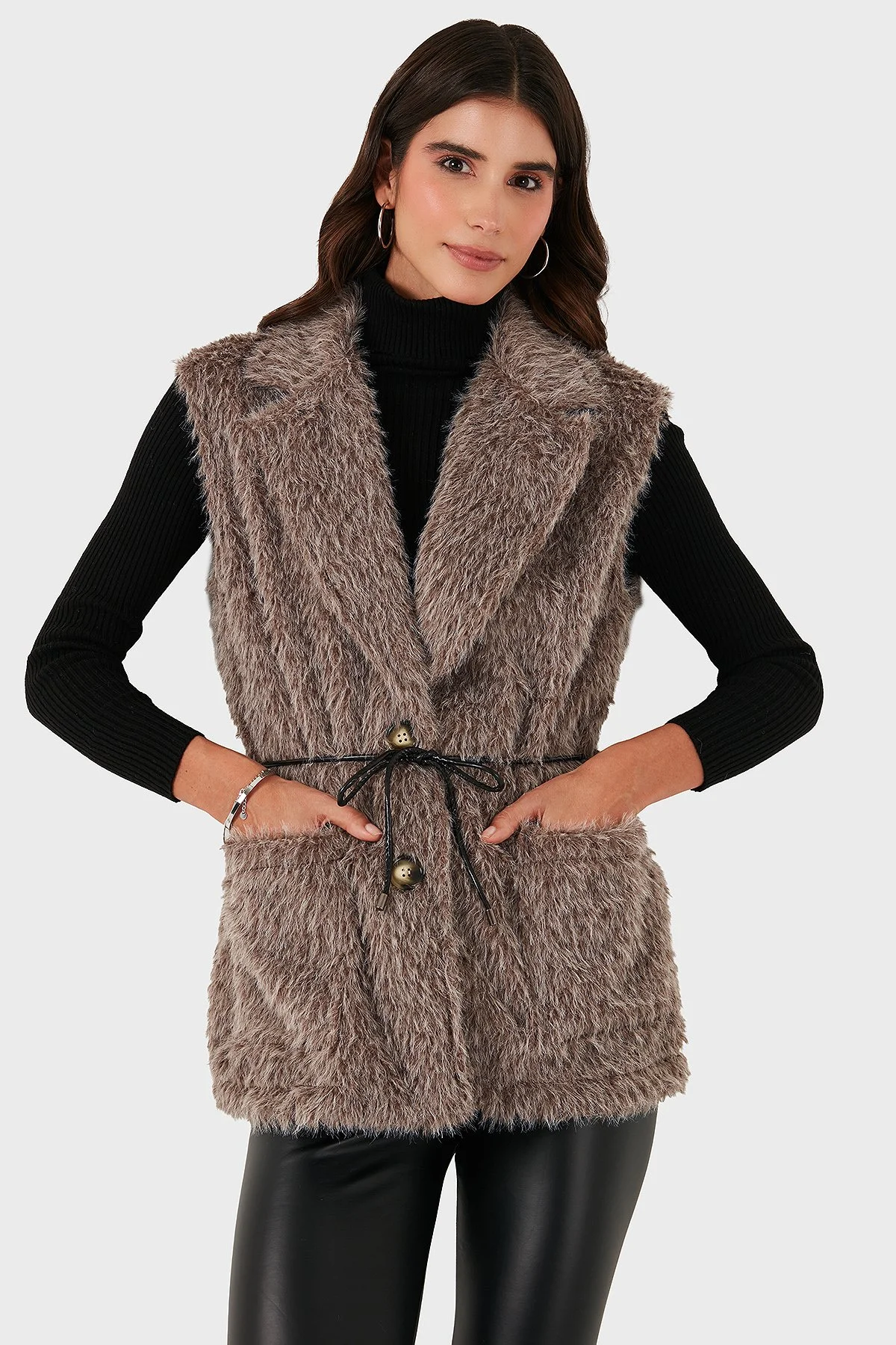 Via Dante Regular Fit Kruvaze Yaka Bağlama Detaylı Kürk Bayan Yelek 68821807 VİZON - 6