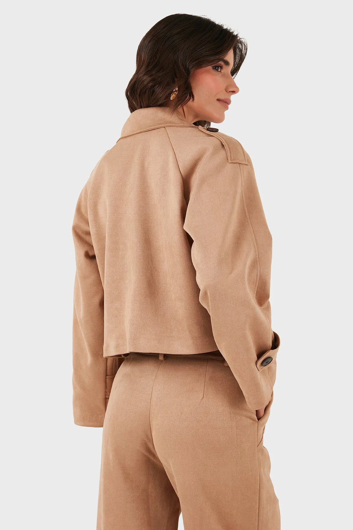 Via Dante Regular Fit Kruvaze Yaka Kısa Süet Bayan Ceket 68620513SUEDE BEJ - 3