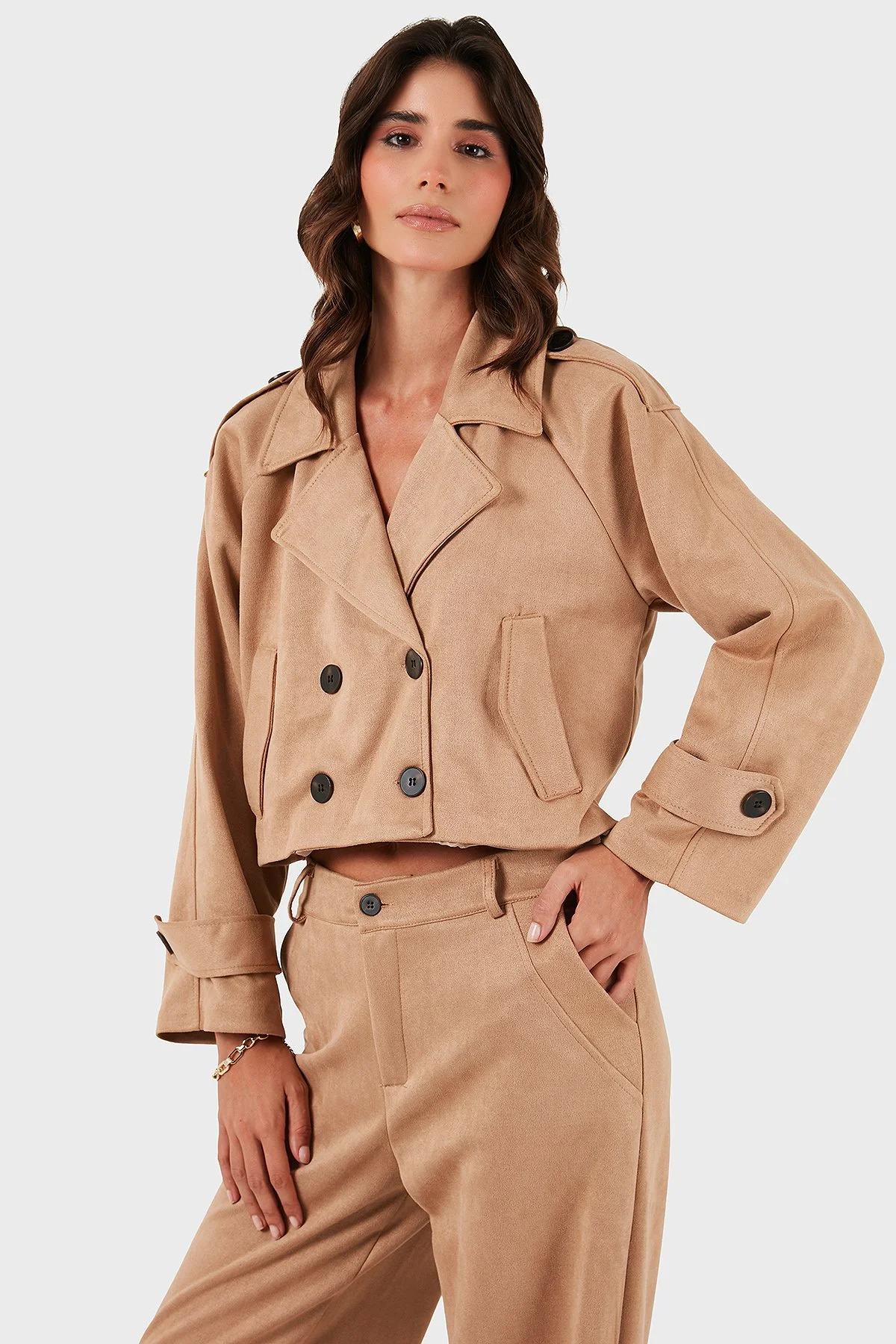 Via Dante Regular Fit Kruvaze Yaka Kısa Süet Bayan Ceket 68620513SUEDE BEJ - 5