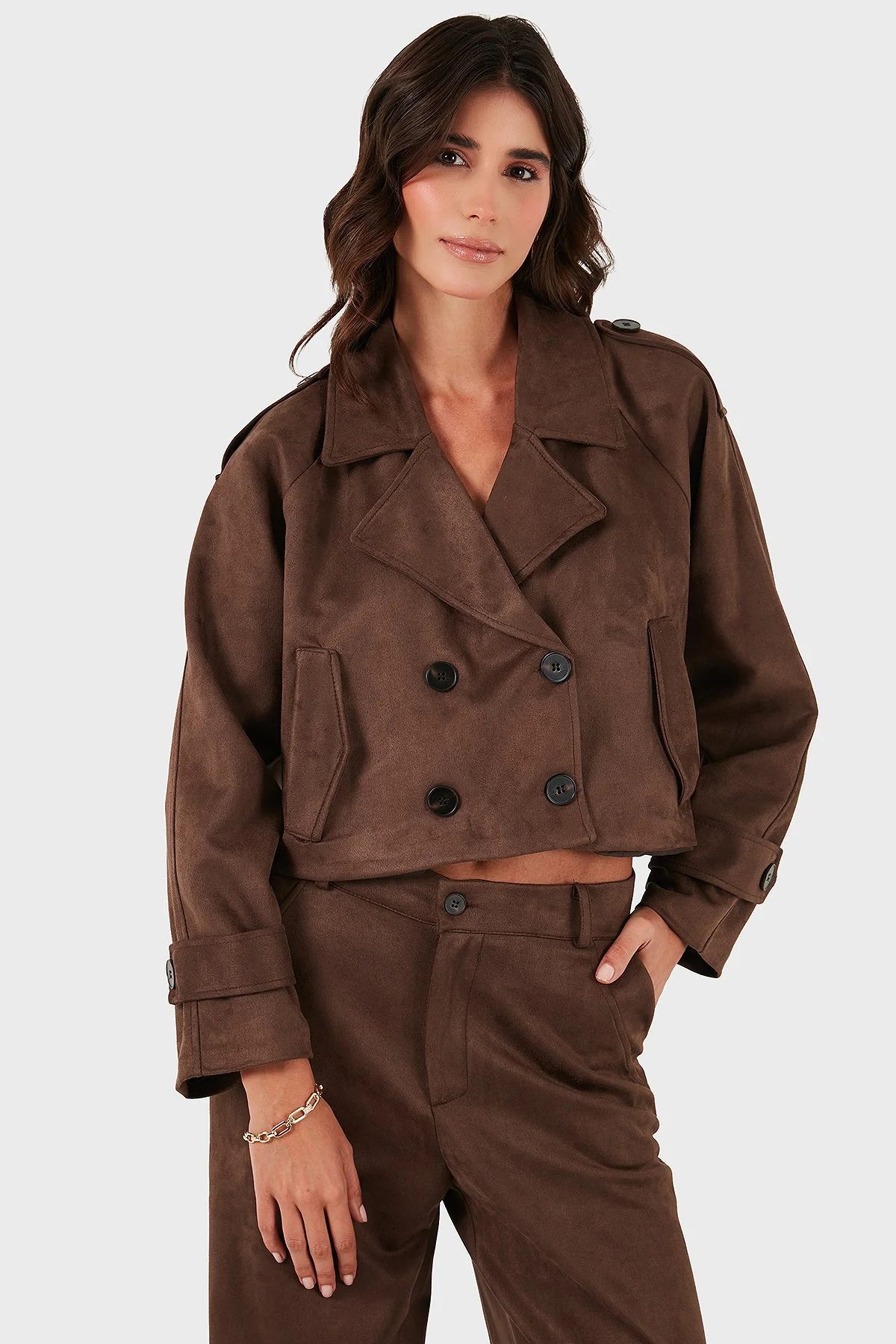 Via Dante Regular Fit Kruvaze Yaka Kısa Süet Bayan Ceket 68620513SUEDE KAHVE - 5