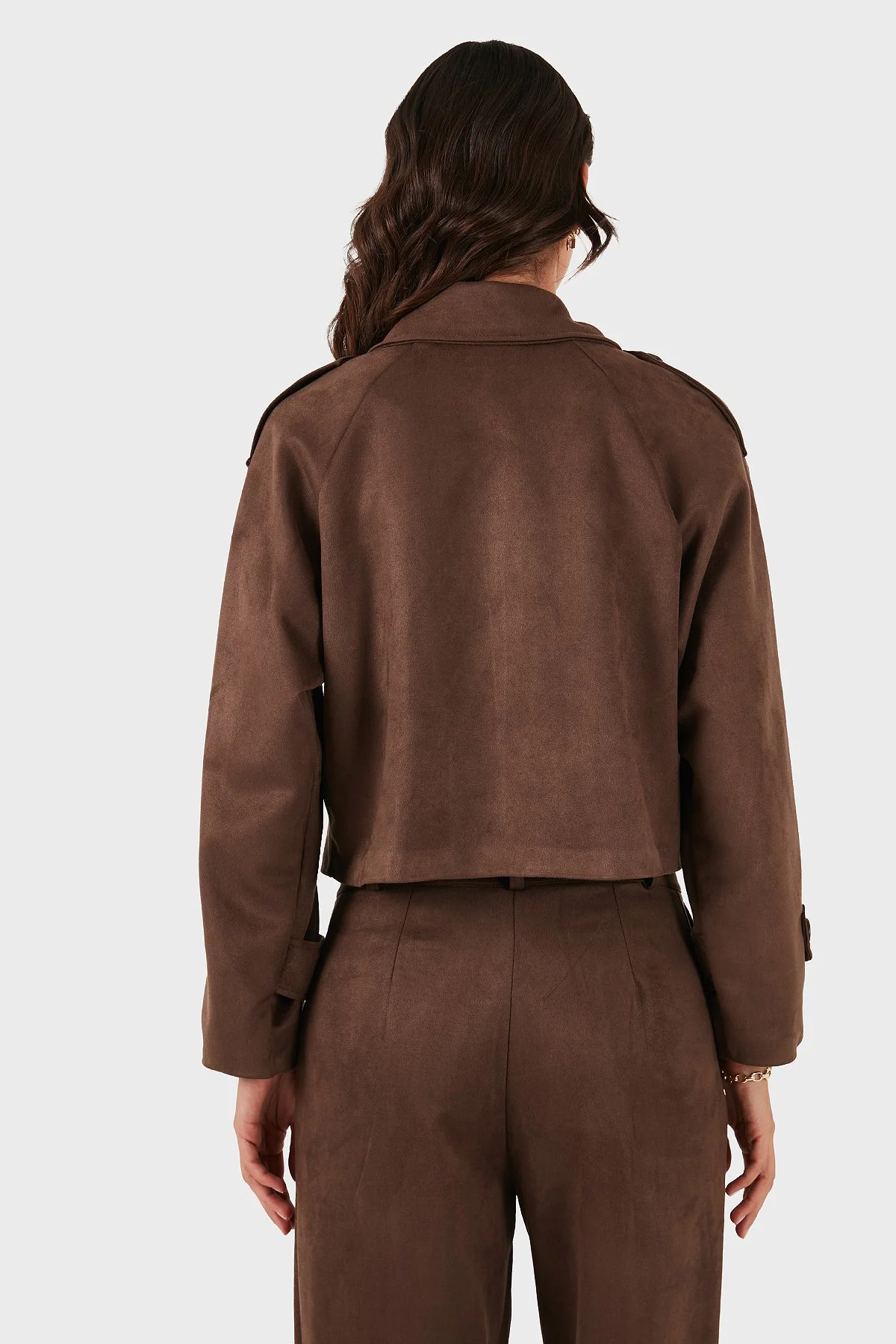 Via Dante Regular Fit Kruvaze Yaka Kısa Süet Kadın Ceket 68620513SUEDE KAHVE - 3