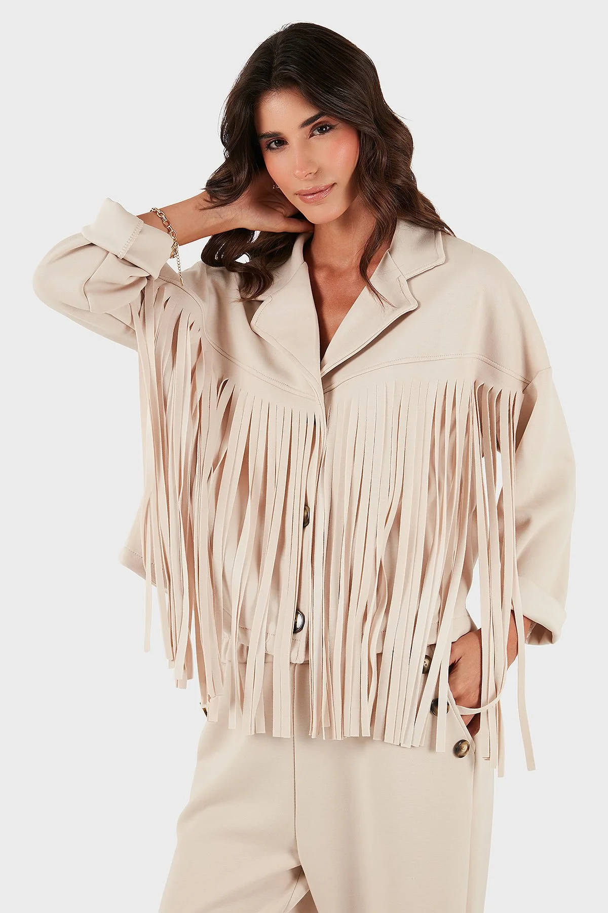 Via Dante Regular Fit Kruvaze Yaka Püsküllü Bayan Ceket 68821795 BEJ - 1