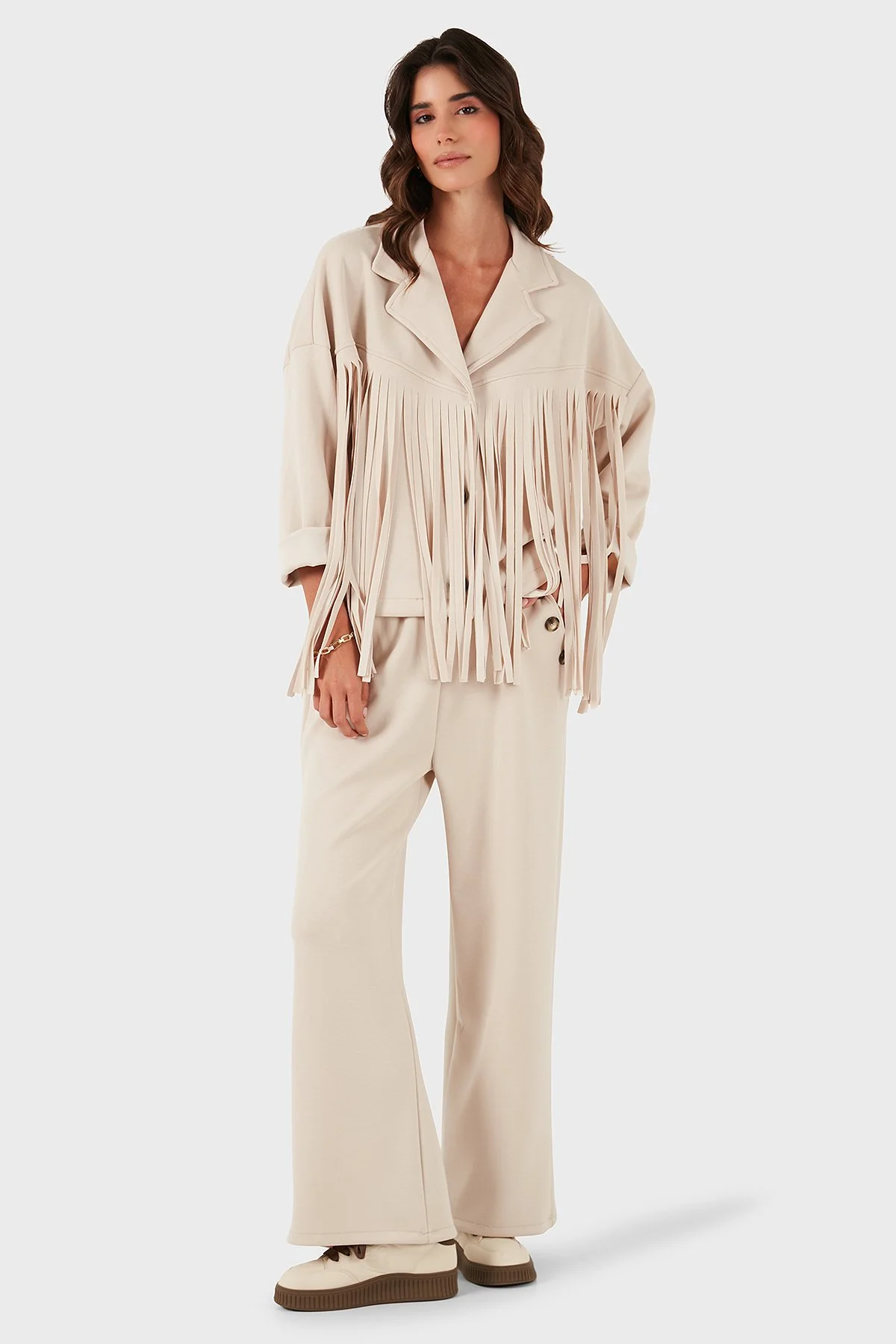 Via Dante Regular Fit Kruvaze Yaka Püsküllü Bayan Ceket 68821795 BEJ - 2