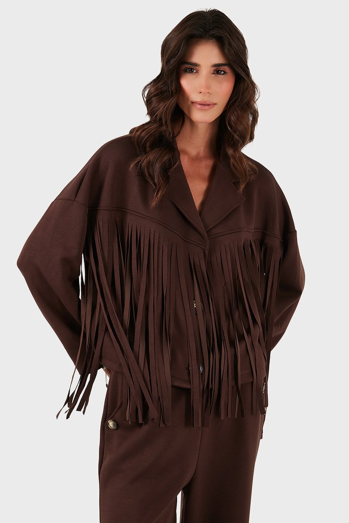 Via Dante Regular Fit Kruvaze Yaka Püsküllü Bayan Ceket 68821795 KAHVE - 5