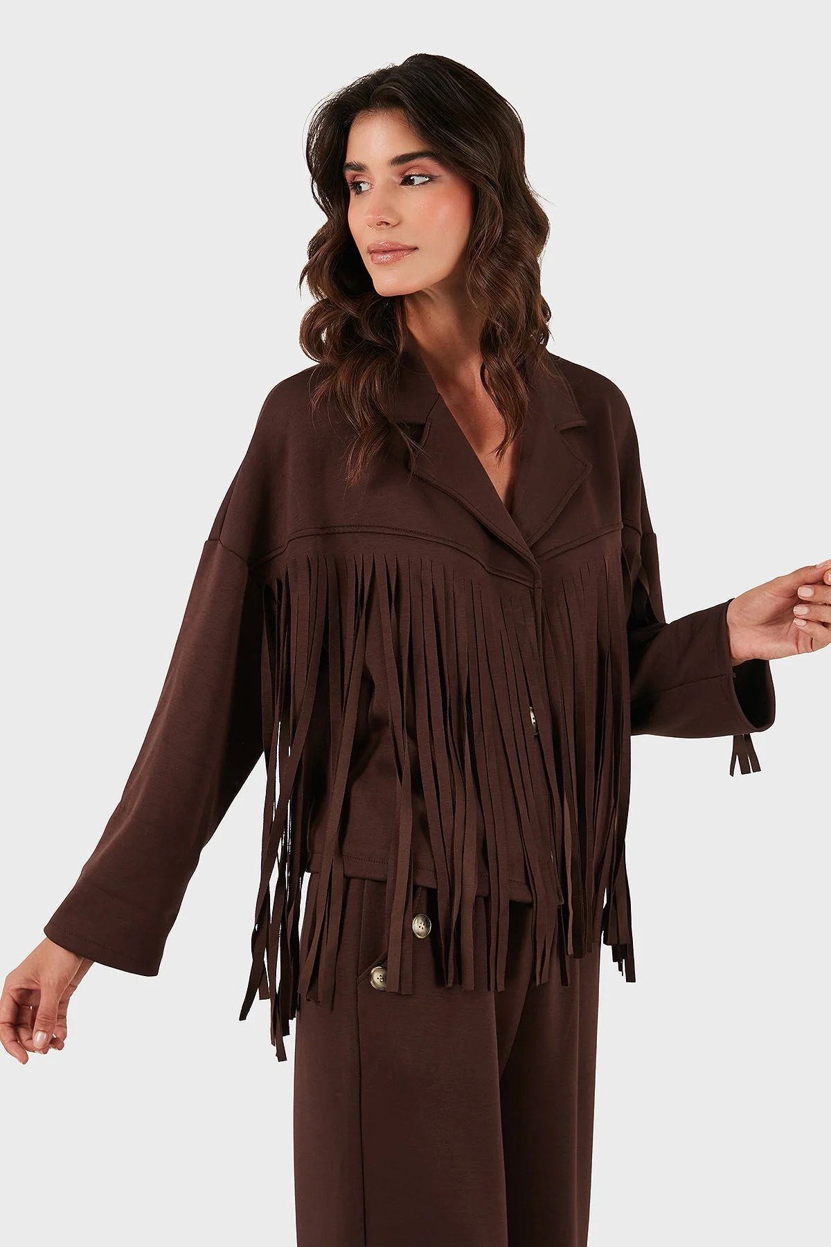 Via Dante Regular Fit Kruvaze Yaka Püsküllü Kadın Ceket 68821795 KAHVE - 4