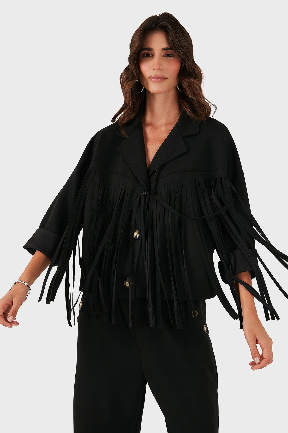 Via Dante Regular Fit Kruvaze Yaka Püsküllü Bayan Ceket 68821795 SİYAH - 1