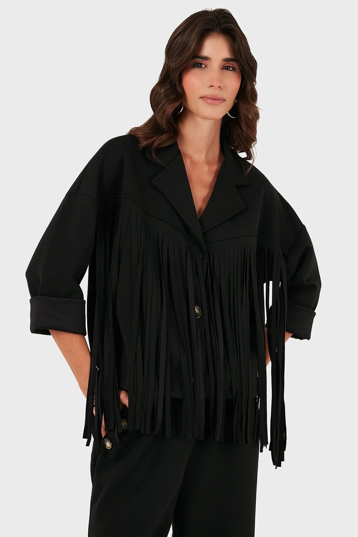 Via Dante Regular Fit Kruvaze Yaka Püsküllü Bayan Ceket 68821795 SİYAH - 4