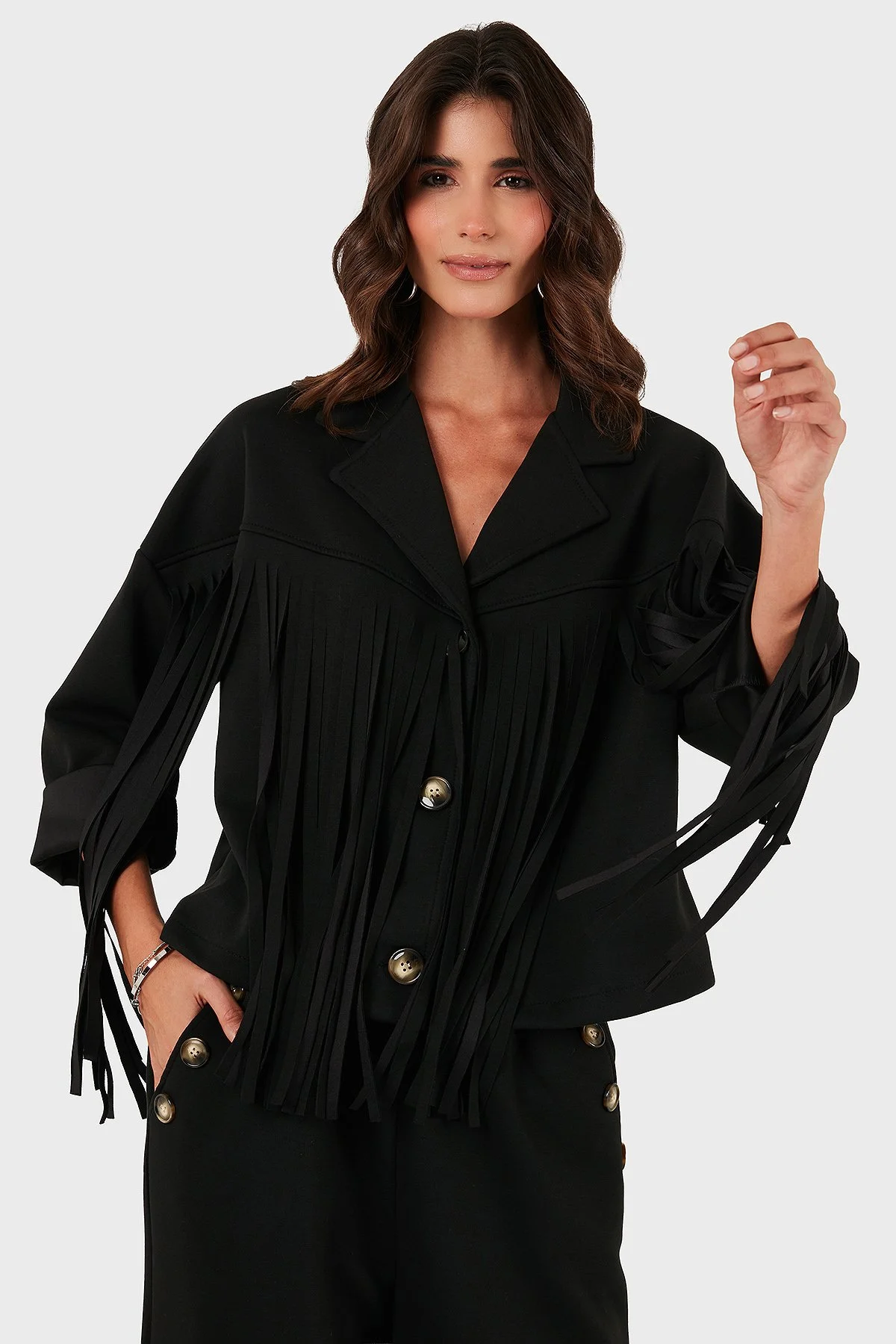 Via Dante Regular Fit Kruvaze Yaka Püsküllü Kadın Ceket 68821795 SİYAH - 5