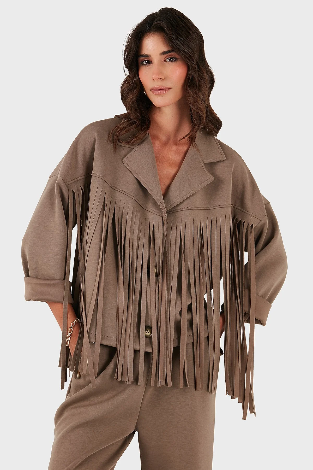 Via Dante Regular Fit Kruvaze Yaka Püsküllü Bayan Ceket 68821795 VİZON - 1