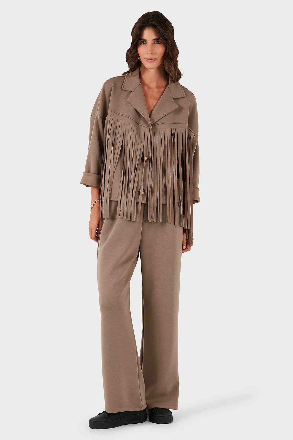 Via Dante Regular Fit Kruvaze Yaka Püsküllü Bayan Ceket 68821795 VİZON - 2