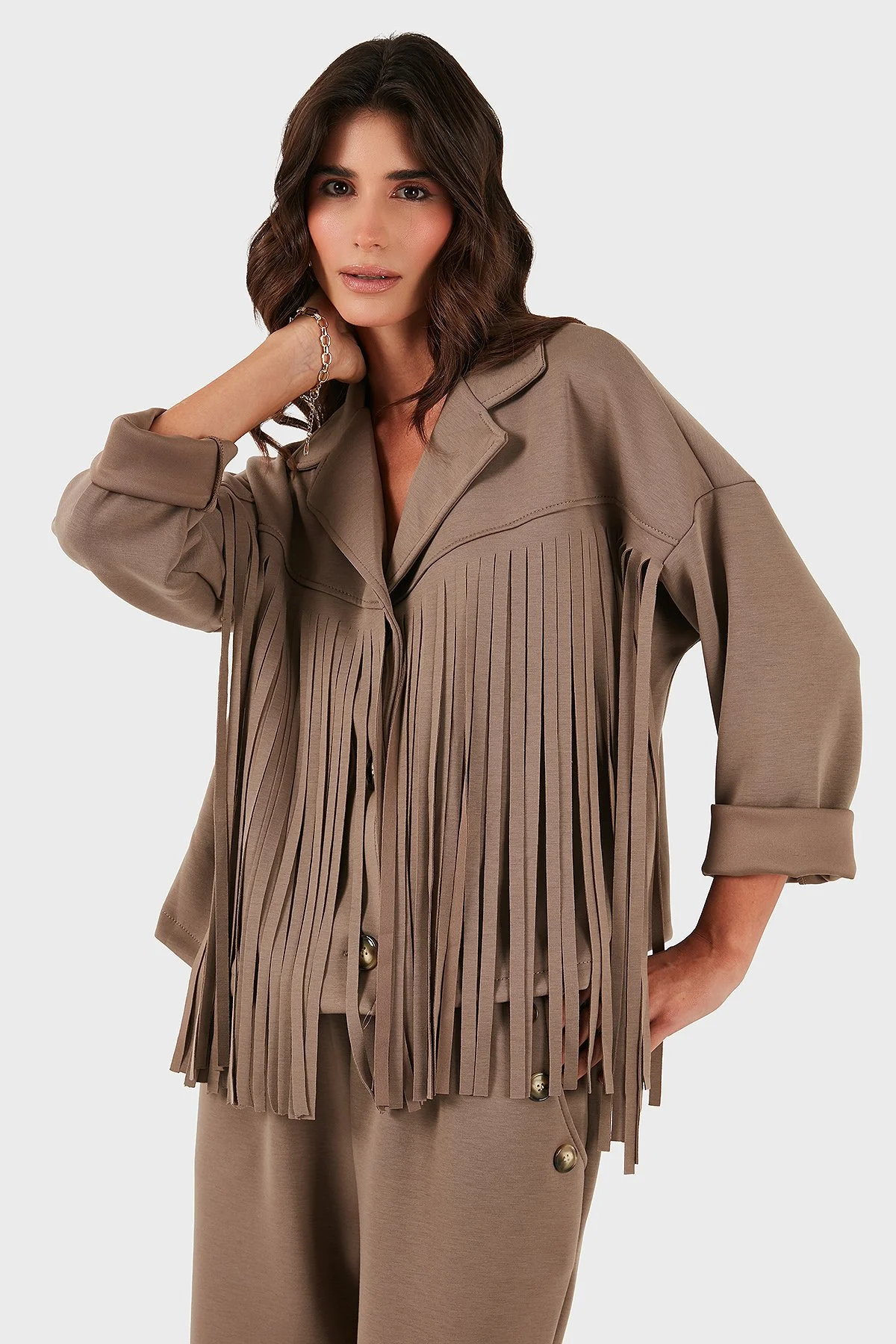 Via Dante Regular Fit Kruvaze Yaka Püsküllü Bayan Ceket 68821795 VİZON - 4