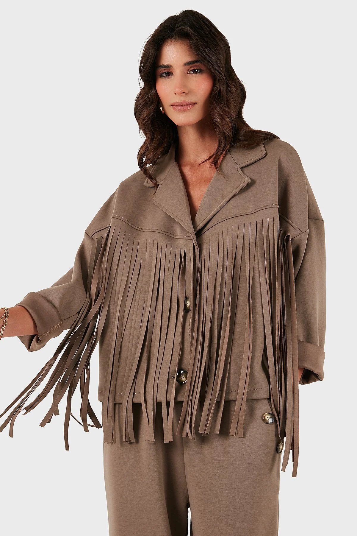 Via Dante Regular Fit Kruvaze Yaka Püsküllü Bayan Ceket 68821795 VİZON - 5