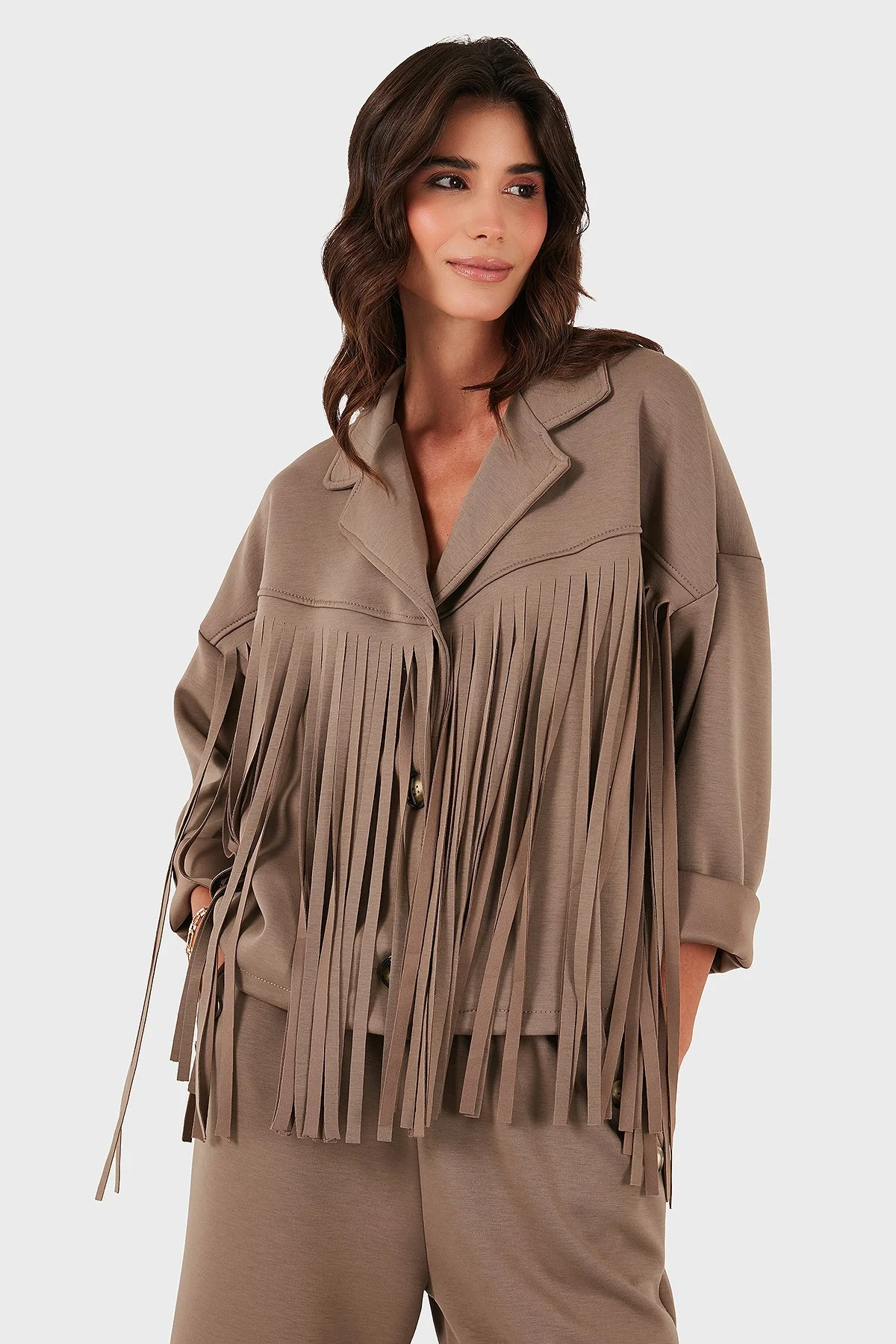 Via Dante Regular Fit Kruvaze Yaka Püsküllü Kadın Ceket 68821795 VİZON - 6