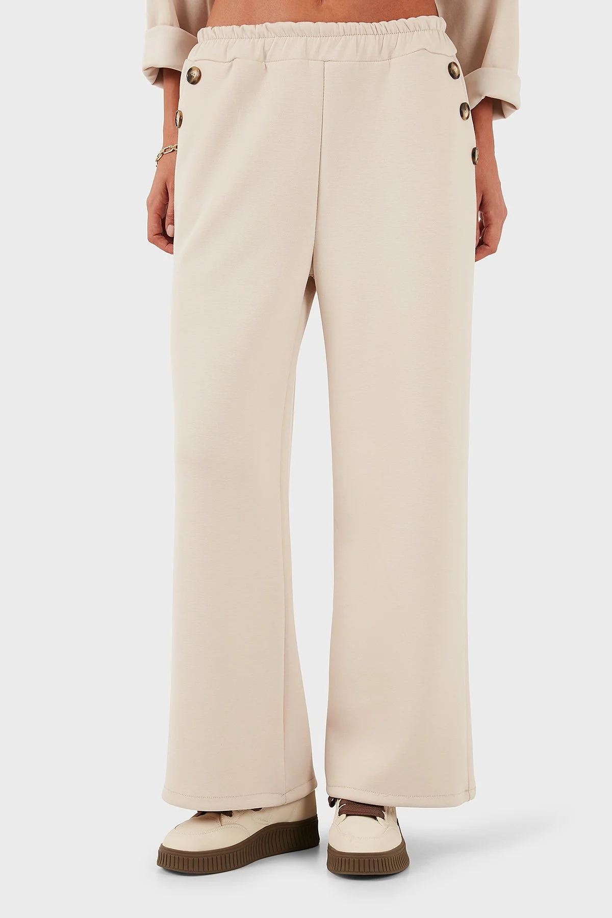 Via Dante Regular Fit Lastikli Bel Geniş Paça Düğme Detaylı Bayan Pantolon 6888573 BEJ - 1