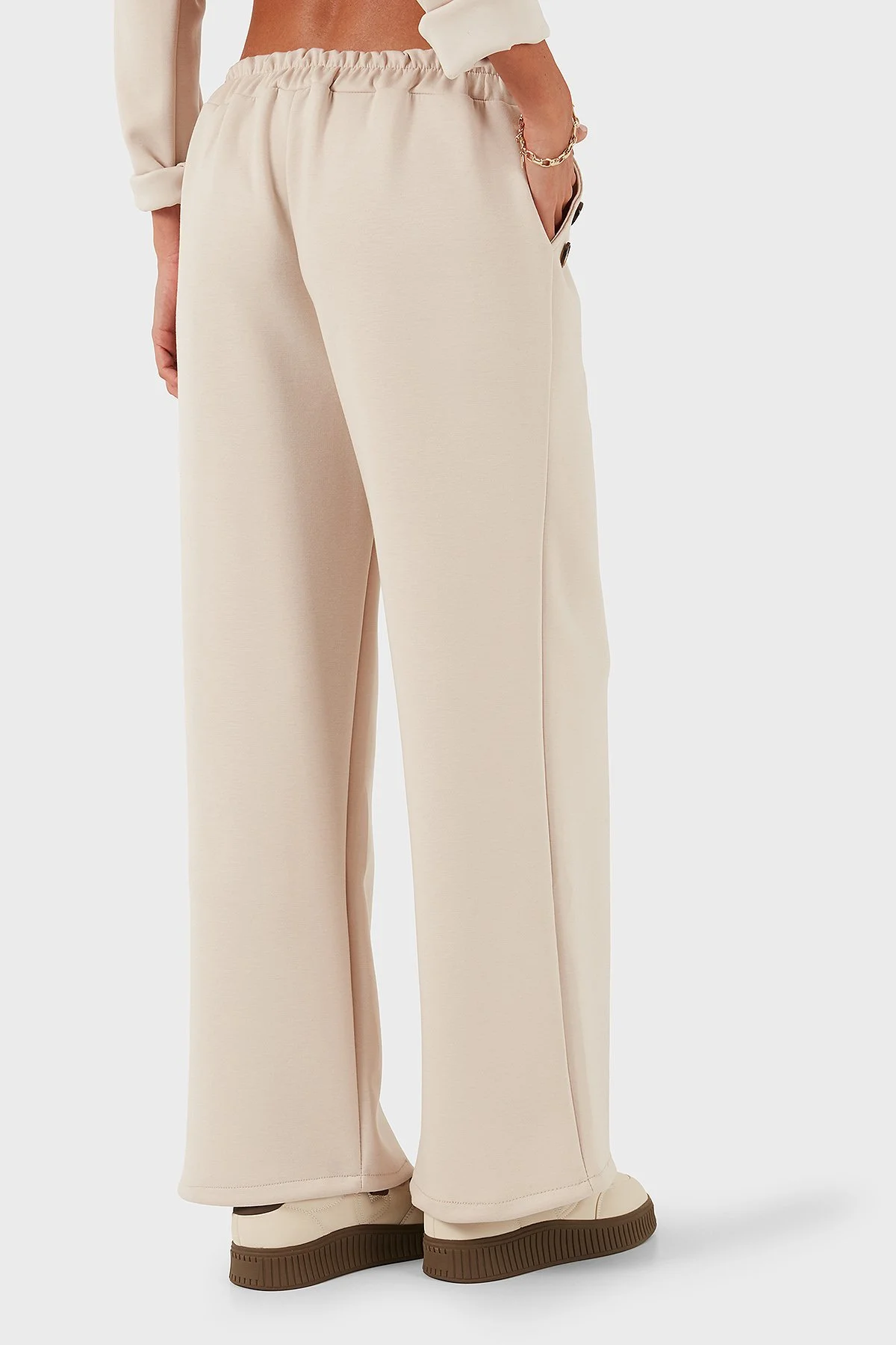 Via Dante Regular Fit Lastikli Bel Geniş Paça Düğme Detaylı Bayan Pantolon 6888573 BEJ - 3