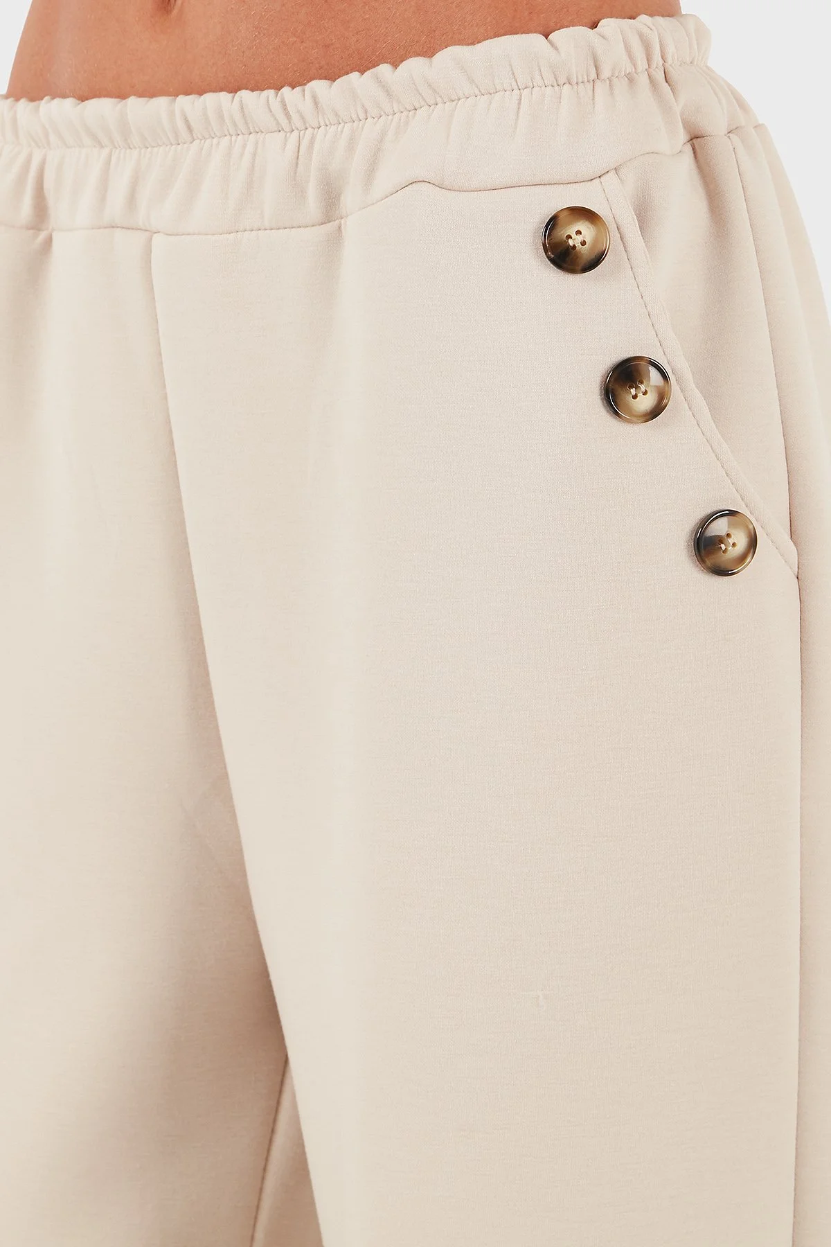 Via Dante Regular Fit Lastikli Bel Geniş Paça Düğme Detaylı Bayan Pantolon 6888573 BEJ - 6