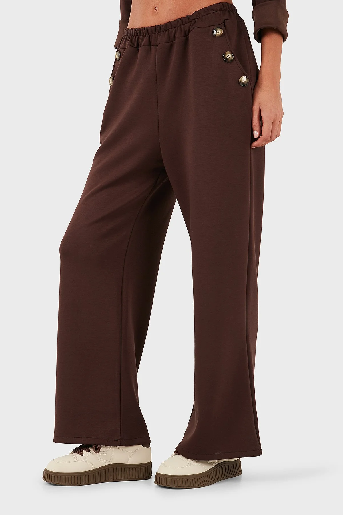 Via Dante Regular Fit Lastikli Bel Geniş Paça Düğme Detaylı Kadın Pantolon 6888573 KAHVE - 1