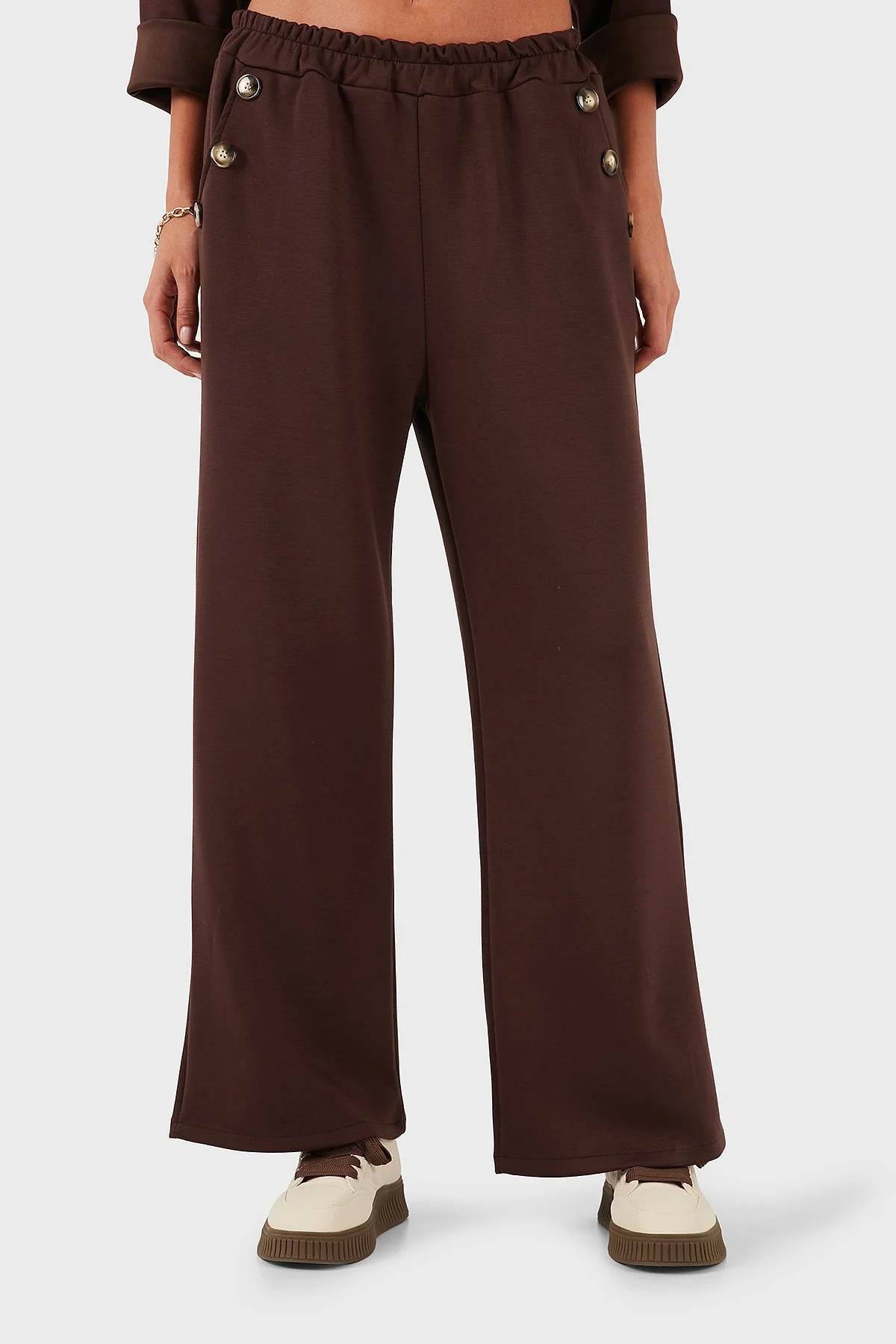 Via Dante Regular Fit Lastikli Bel Geniş Paça Düğme Detaylı Kadın Pantolon 6888573 KAHVE - 4