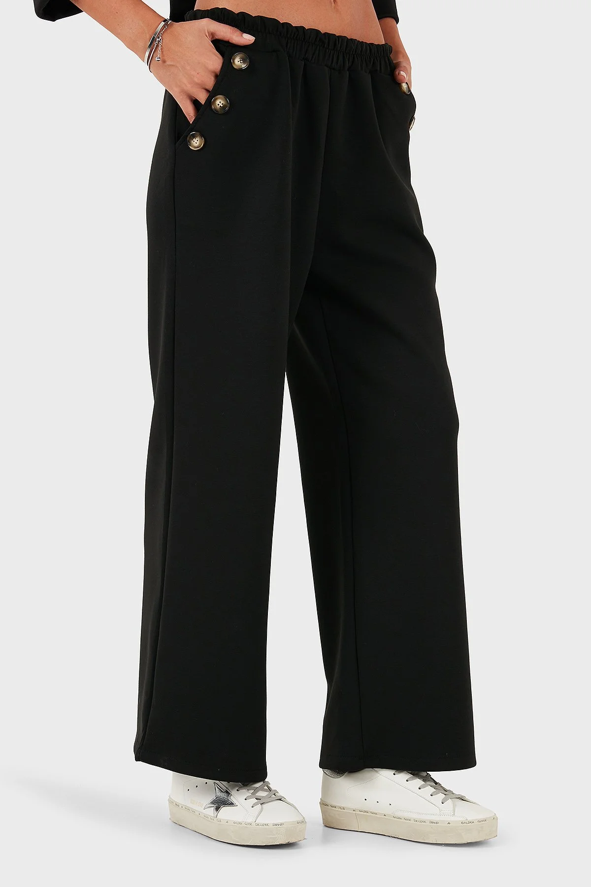 Via Dante Regular Fit Lastikli Bel Geniş Paça Düğme Detaylı Bayan Pantolon 6888573 SİYAH - 1