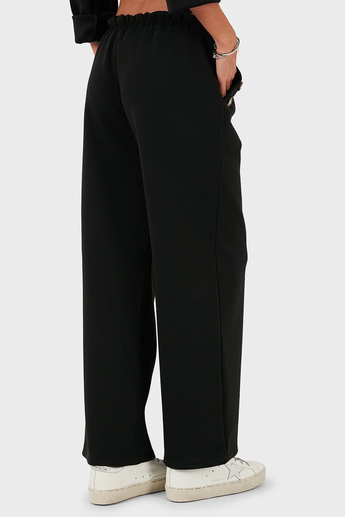 Via Dante Regular Fit Lastikli Bel Geniş Paça Düğme Detaylı Bayan Pantolon 6888573 SİYAH - 3