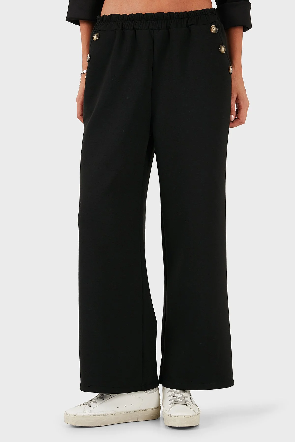 Via Dante Regular Fit Lastikli Bel Geniş Paça Düğme Detaylı Kadın Pantolon 6888573 SİYAH - 4
