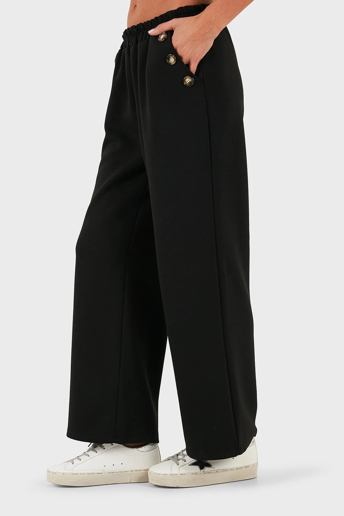 Via Dante Regular Fit Lastikli Bel Geniş Paça Düğme Detaylı Kadın Pantolon 6888573 SİYAH - 5