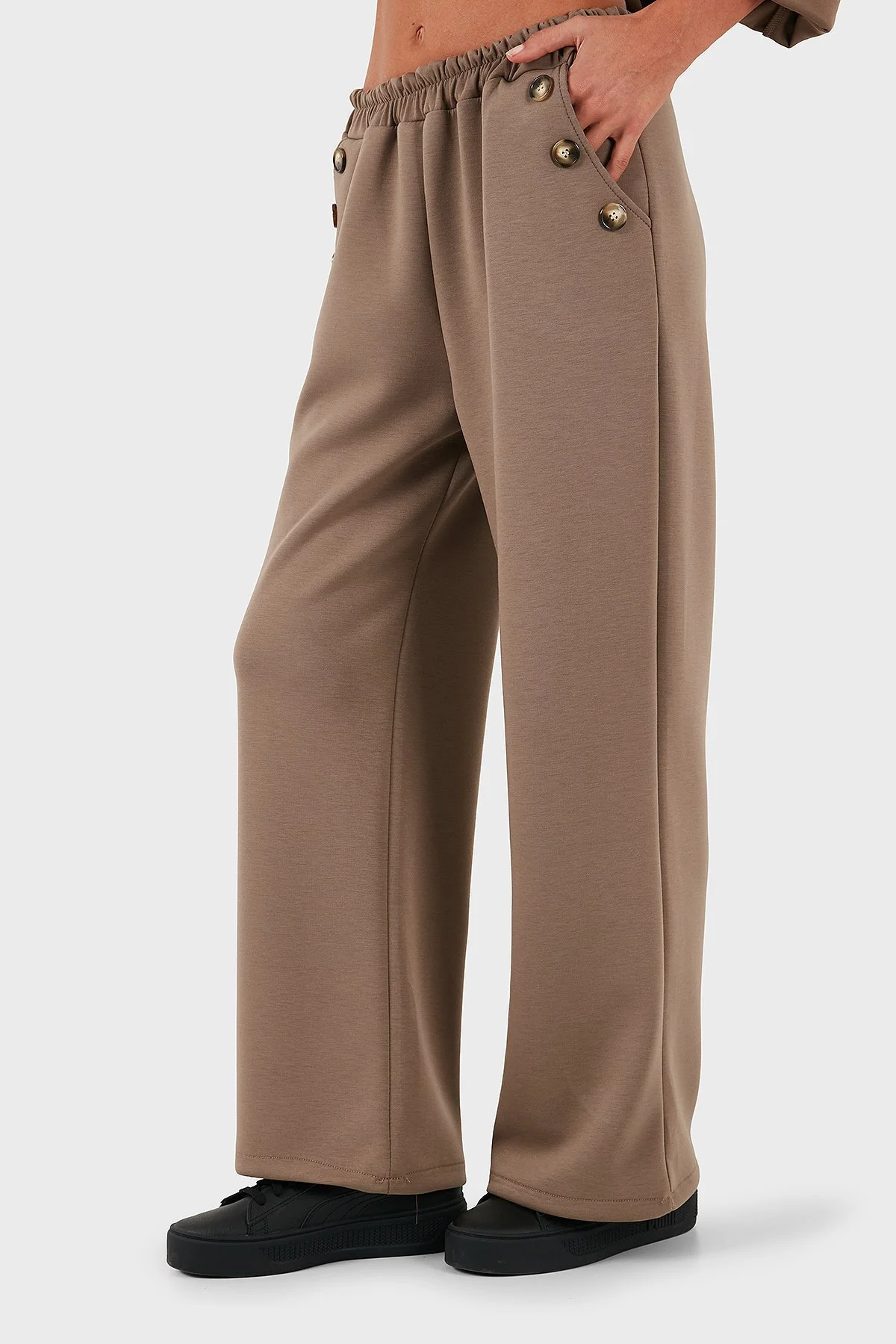 Via Dante Regular Fit Lastikli Bel Geniş Paça Düğme Detaylı Bayan Pantolon 6888573 VİZON - 1