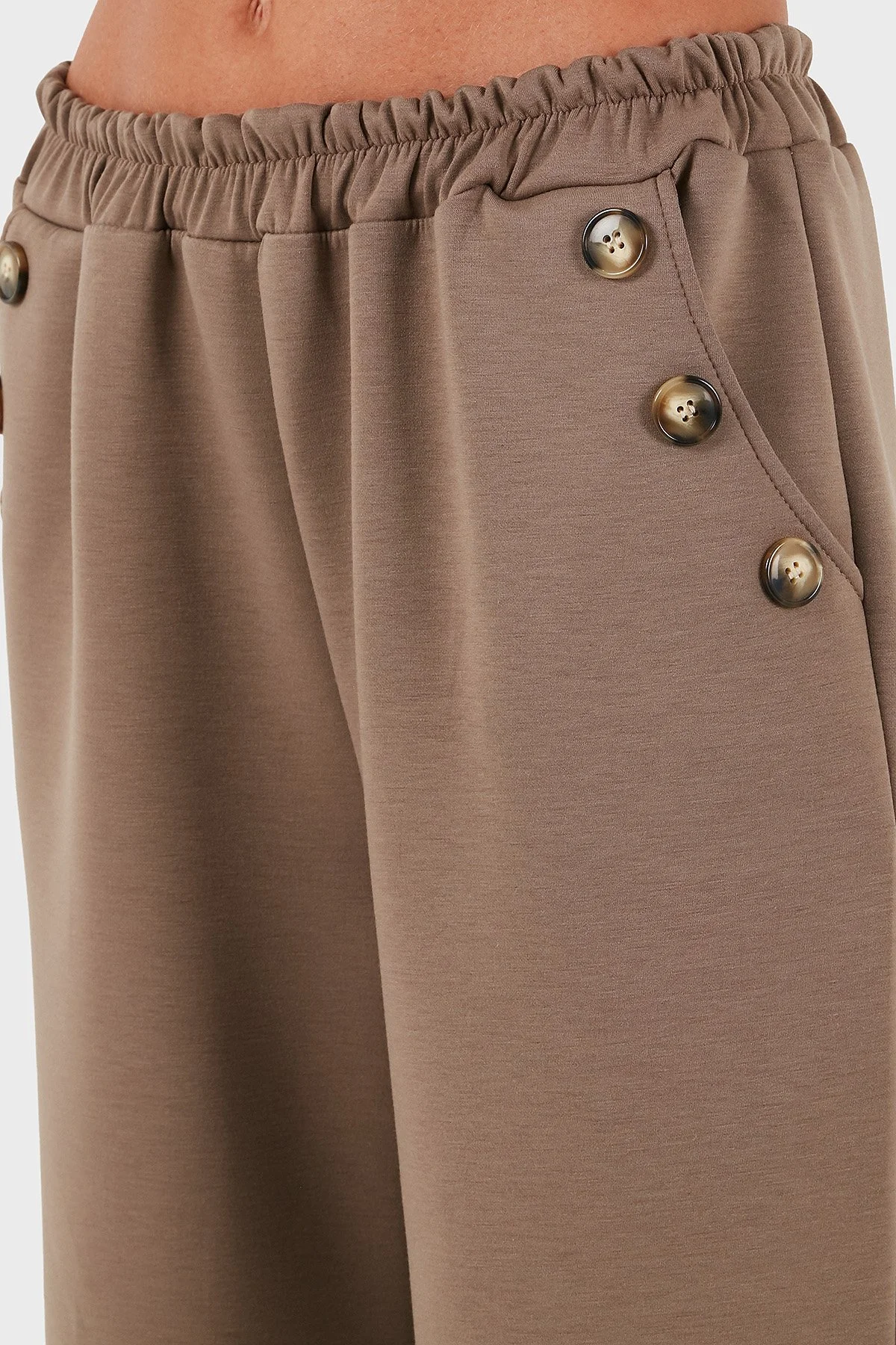 Via Dante Regular Fit Lastikli Bel Geniş Paça Düğme Detaylı Bayan Pantolon 6888573 VİZON - 6
