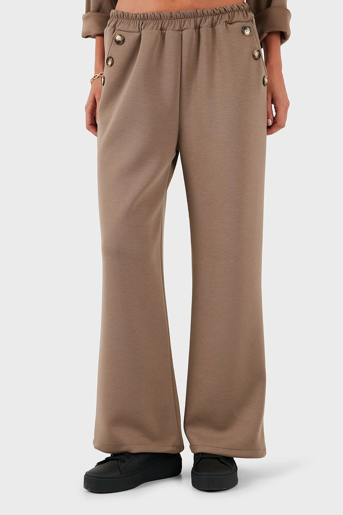 Via Dante Regular Fit Lastikli Bel Geniş Paça Düğme Detaylı Kadın Pantolon 6888573 VİZON - 4